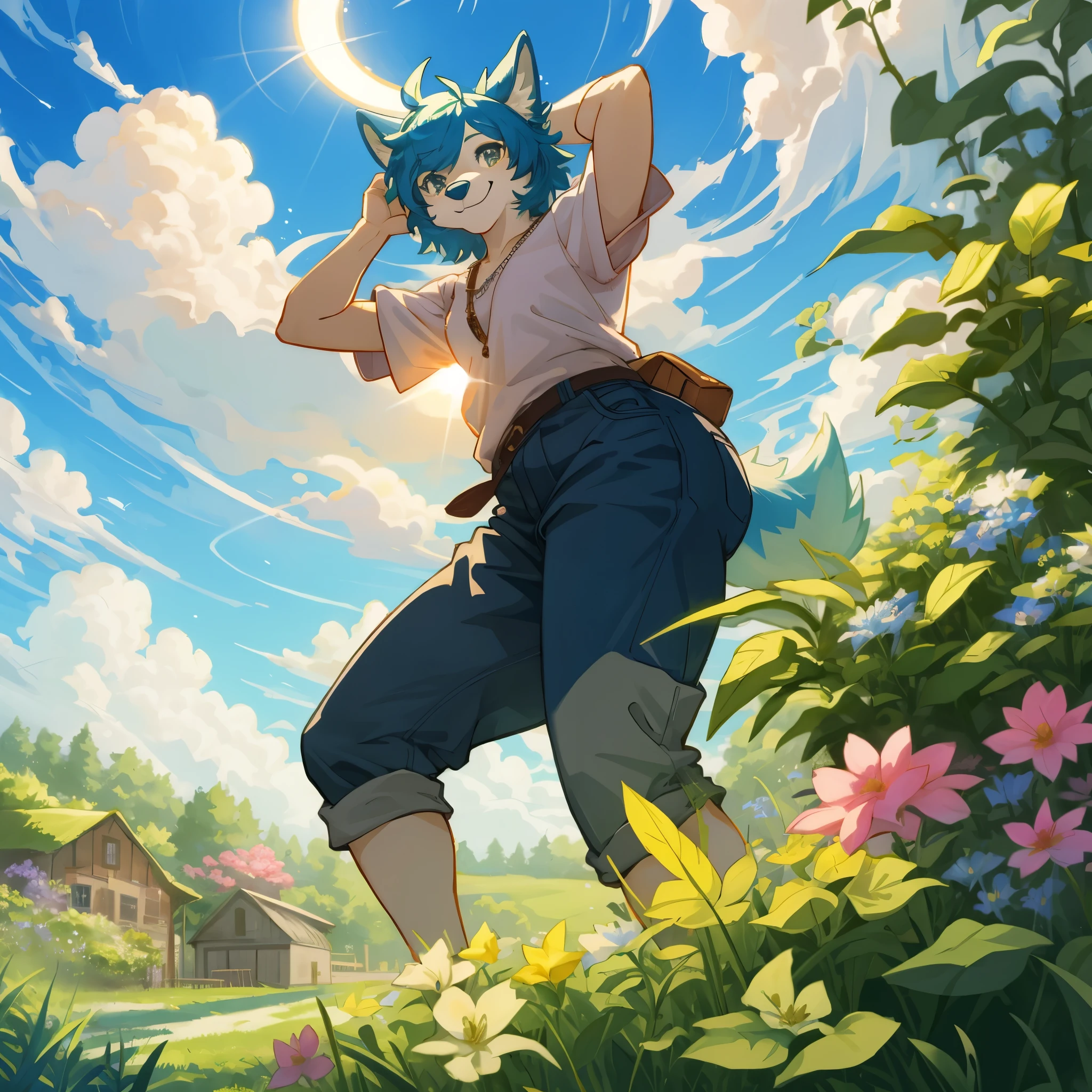 top quality, highres, High-quality illustrations, unparalleled masterpiece(movie of life)nature inspired imagery, rendered in maya, romanticized views, lively illustrations, hyper realistic, whimsical cartoonish, farm, Blue sky, clouds, florals Beautiful garden(furry anthro, solo, girl, casual fashion, Relux pose, Smile)absurdres, perfect anatomy, caustics, cinematic lighting, lens flare, deep shadow, dynamic angle,
