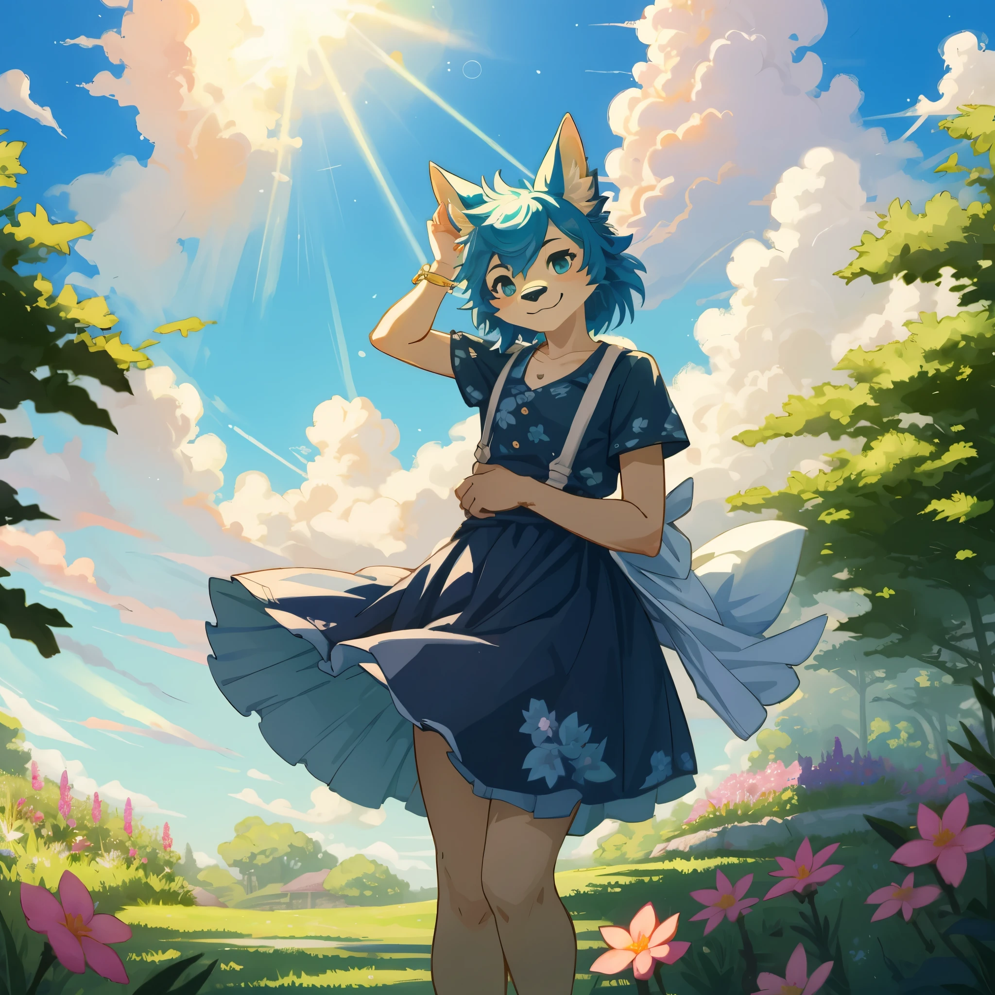 top quality, highres, High-quality illustrations, unparalleled masterpiece(movie of life)nature inspired imagery, rendered in maya, romanticized views, lively illustrations, hyper realistic, whimsical cartoonish, farm, Blue sky, clouds, florals Beautiful garden(furry anthro, solo, girl, casual fashion, Relux pose, Smile)absurdres, perfect anatomy, caustics, cinematic lighting, lens flare, deep shadow, dynamic angle,
