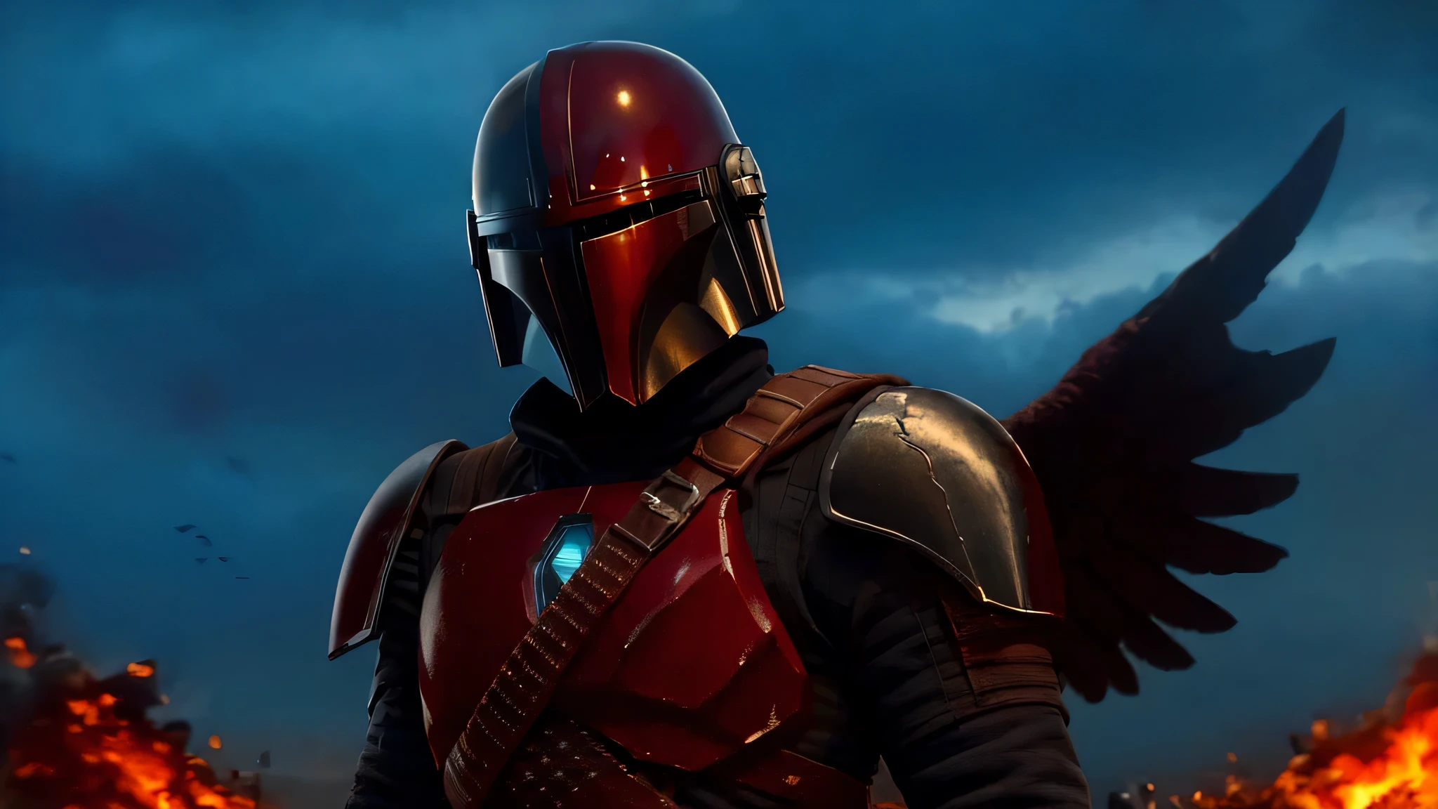 Extremely detailed and ultra - realistic full body illustration of (Captain Georgian) as a Mandalorian, his helmet retaining the trademark winged A design of his classic mask, blended seamlessly with the traditional Mandalorian T - visored helmet. The helmet's reflection captures the intensity of the battle scene around him. He's holding his iconic shield, which now shows a blend of vibranium and beskar steel aesthetics, reflecting the world around him in its polished surface. His posture is vigilant and ready for combat. The backdrop is a gritty, smoke - filled battlefield under an overcast sky, as if rendered by Unreal Engine 5, giving a tangible sense of looming danger and high stakes. This piece carries an anime influence as inspired by the Niji model, adding a stylized edge to the hyper - realism. Portrait orientation with a ratio of 9: 16 completes the epic composition, BREAK BREAK BREAK