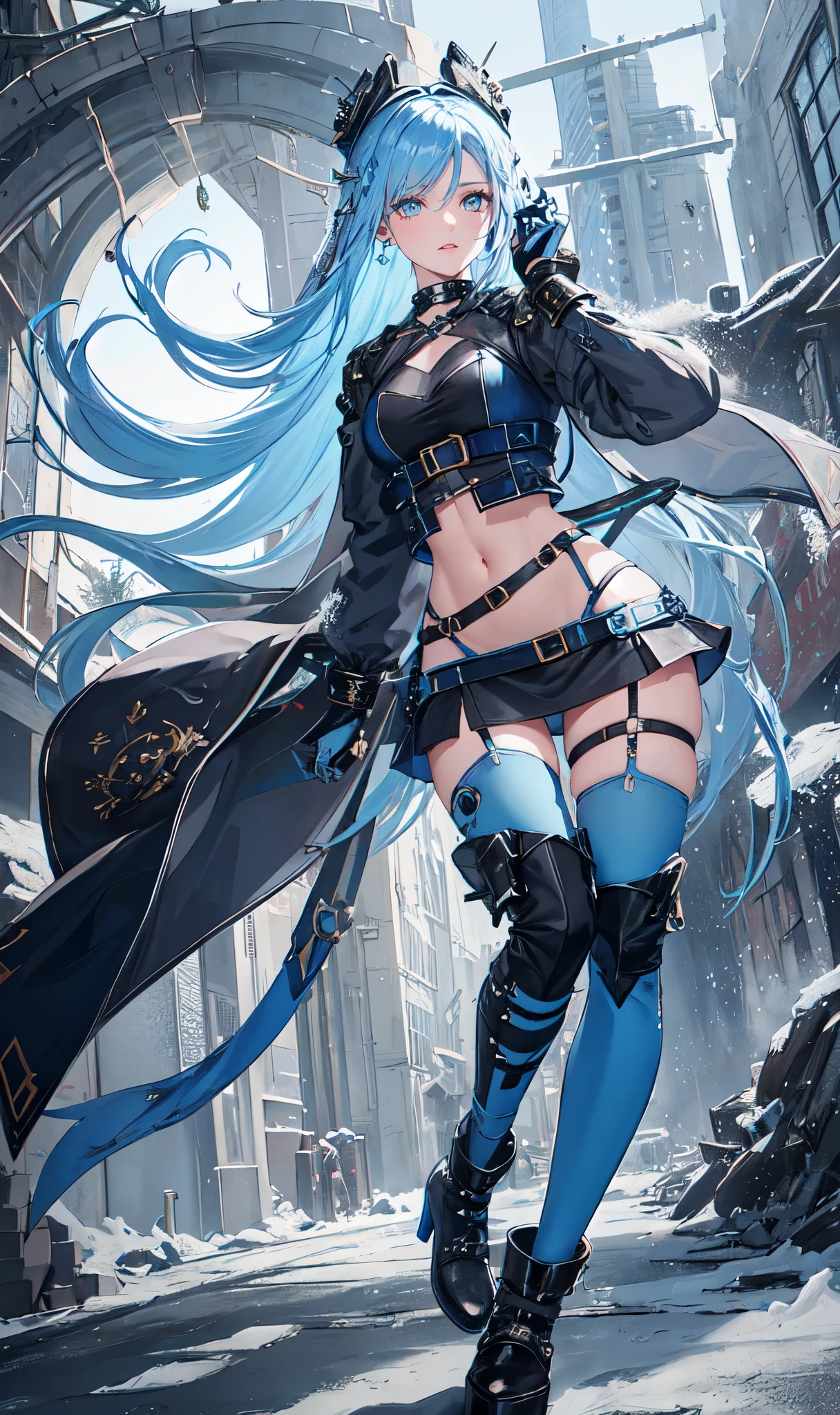 Abandoned winter industrial town background,(pure white straight hair:2.0),(blue cu rlhair end:2.0)issue card,Standing close-up,dream world,scars on face,(Slender blue phoenix eyes,pink lipstick,long eyelashes),Gloves,Short sword,choker,(Assassin's Tight Combat Suit,Torn and worn midriff-baring combat uniform,Leather miniskirt,leg rings,belt:2.0),fur tube top(choker),Over-the-knee high-heeled boots,strappy high heel boots,There are many straps on the legs,Detailed drawn background
