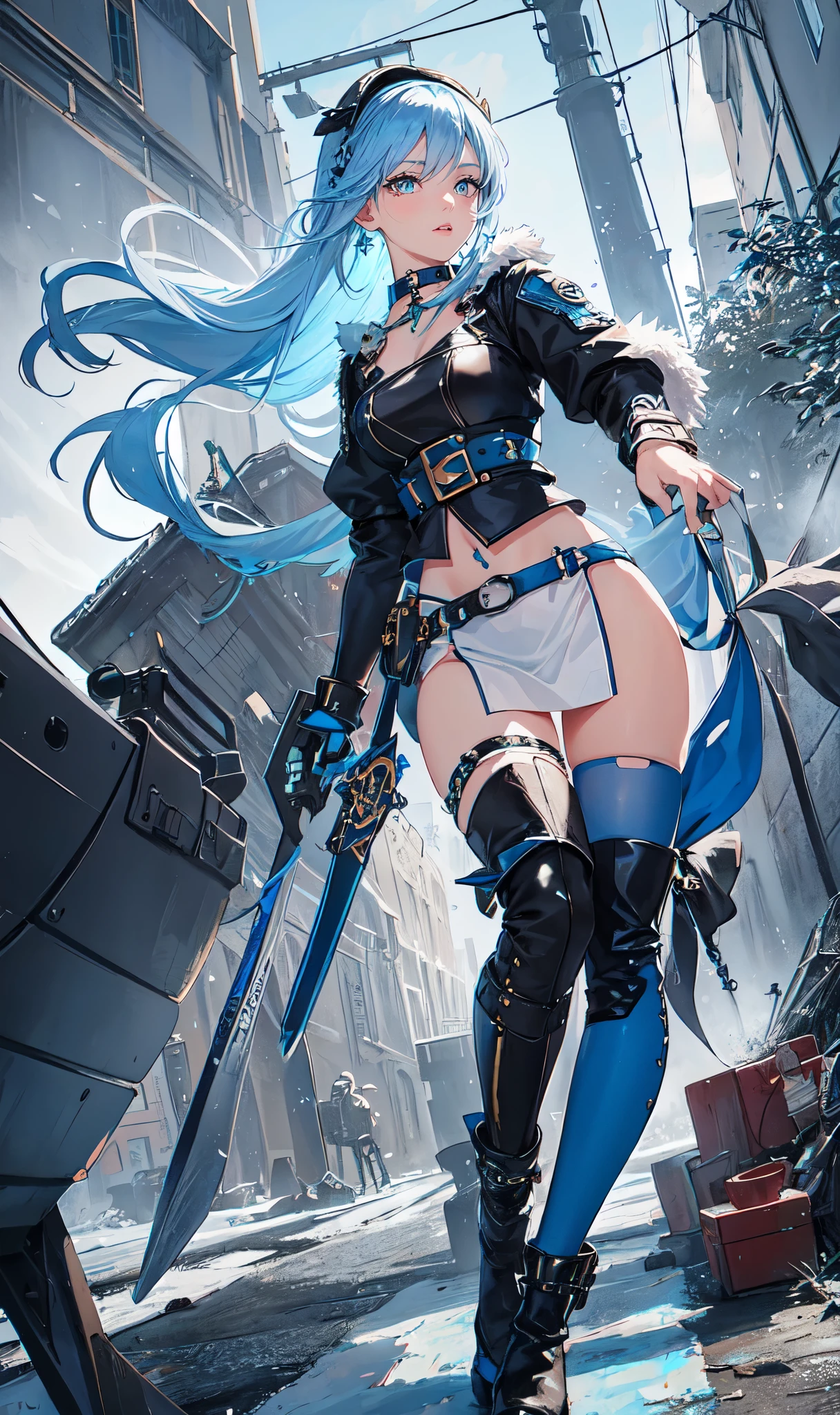 Abandoned winter industrial town background,(pure white straight hair:2.0),(blue cu rlhair end:2.0)issue card,Standing close-up,dream world,scars on face,(Slender blue phoenix eyes,pink lipstick,long eyelashes),Gloves,Short sword,choker,(Assassin's Tight Combat Suit,Torn and worn midriff-baring combat uniform,Leather miniskirt,leg rings,belt:2.0),fur tube top(choker),Over-the-knee high-heeled boots,strappy high heel boots,There are many straps on the legs,Detailed drawn background