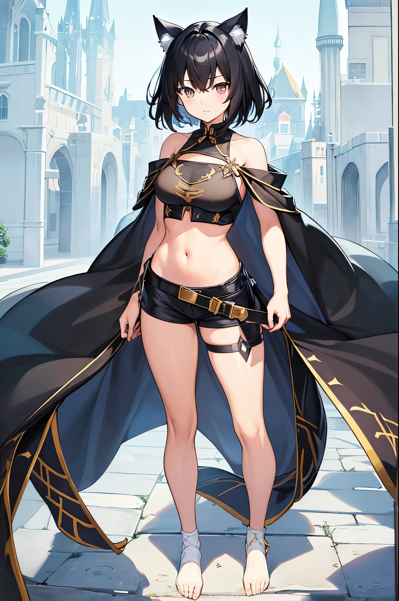 alone,absurd solution、High resolution、confront the viewing angle,(masterpiece:1.4)、Super detailed、(finger details),(一人のgirl)、美しい詳細なgirl、detailed face、transparent and beautiful, With the character as the main point of view, glowing skin, girl, woman, young, (black costume),((Cat ear))、(black hair)、(black hairの),(Habitual hair、shortcut)、(short hair),black eye,cute、beautiful face、beautiful eyes,fantasy costume,original character,((wearing armor))、(robe),(cloak),((Medieval European costumes)),,(big breasts:0.7), (crop top:1.5), (Holter shoulder:1.3),(shorts:1.3), (barefoot:1.1),(cape:1.3),(confront:1.2),(whole bodyポートレート),(Are standing:1.3),(put on shoes:1.5),tachi-e, whole body, white background,