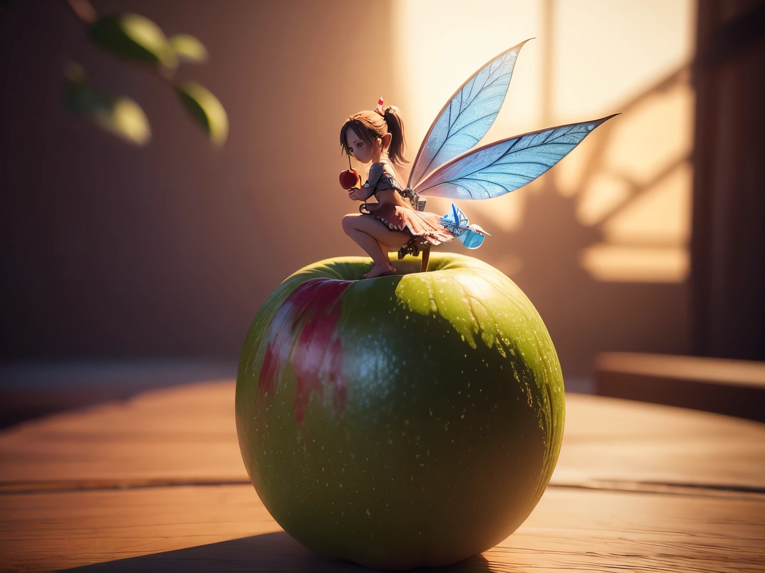 Little fairy against the background of a huge apple. photorealism. unreal engine. 3D model. Ultra high quality textures
