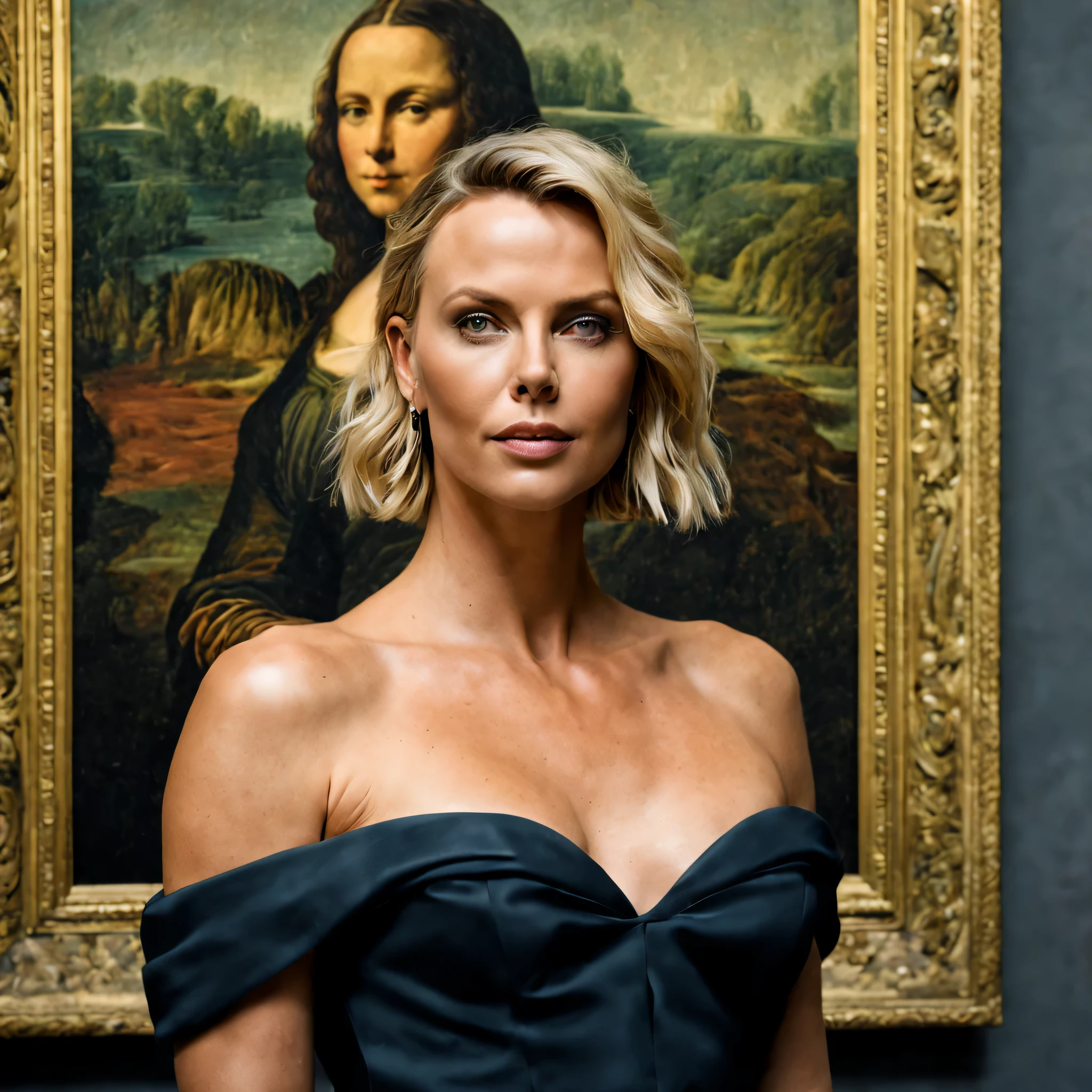 Photographie 8k, portrait de Charlize Theron posant devant la Joconde, Louvre Museum, poses similaires, High-end lighting, slight wrinkles