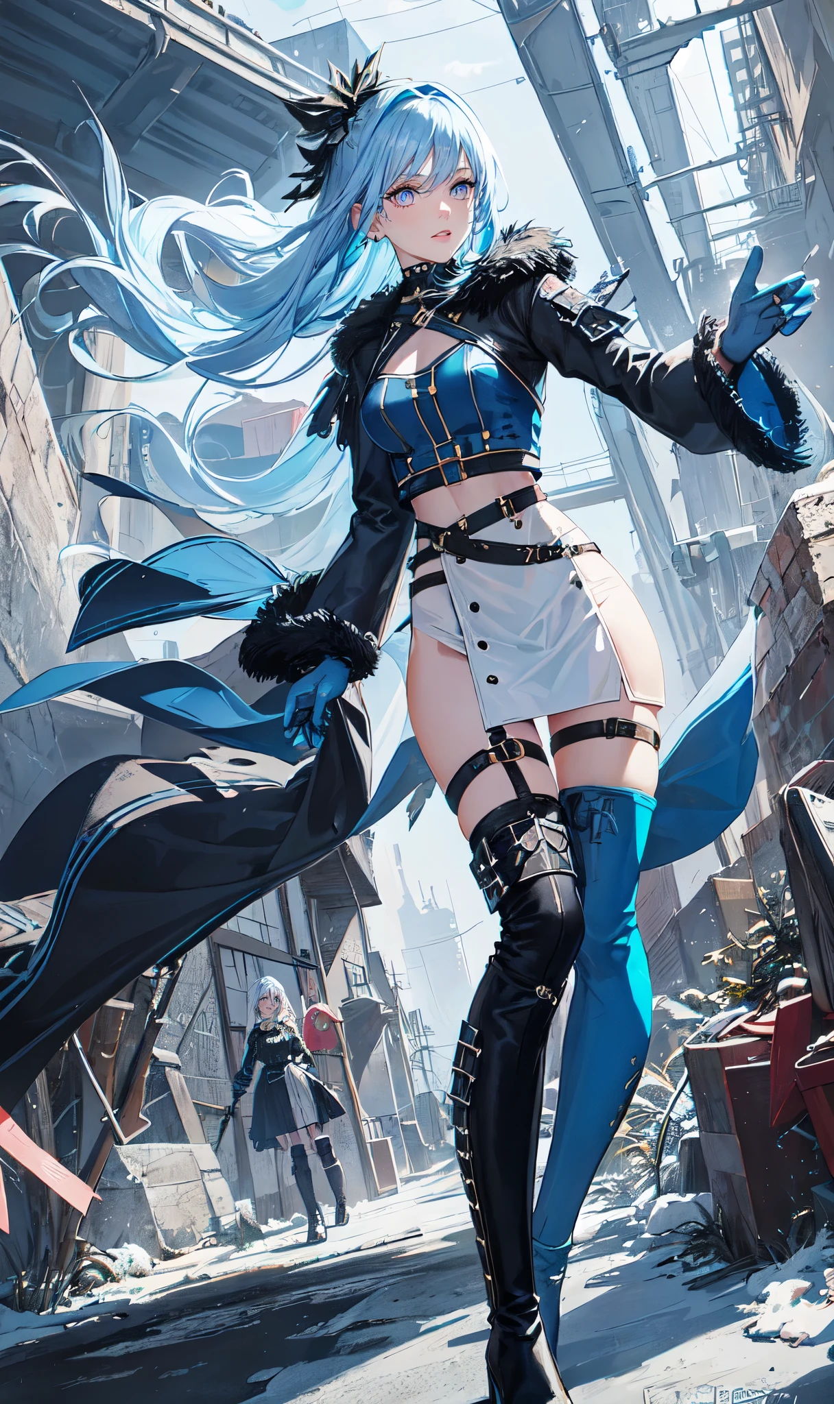 Abandoned winter industrial town background,(pure white straight hair:2.0),(blue cu rlhair end:2.0)issue card,Standing close-up,dream world,scars on face,(Slender blue phoenix eyes,pink lipstick,long eyelashes),Gloves,Short sword,choker,(Assassin's Tight Combat Suit,Torn and worn midriff-baring combat uniform,Leather miniskirt,leg rings,belt:2.0),fur tube top(choker),Over-the-knee high-heeled boots,strappy high heel boots,There are many straps on the legs,Detailed drawn background