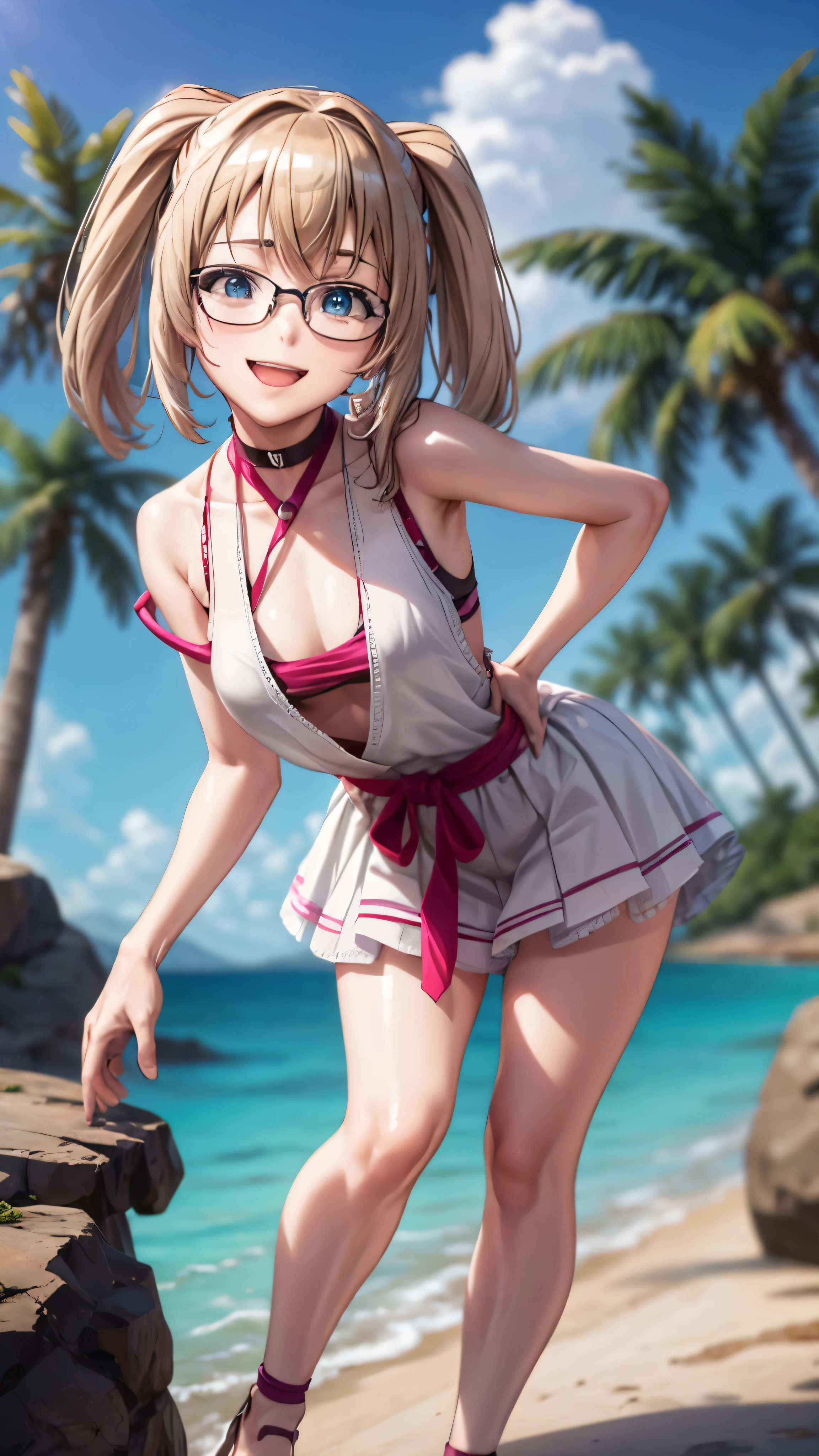 1 female,************,blonde,(miniskirt and big white tank top, (), , natural smile,,frameless eyeglasses,(((leaning forward)))