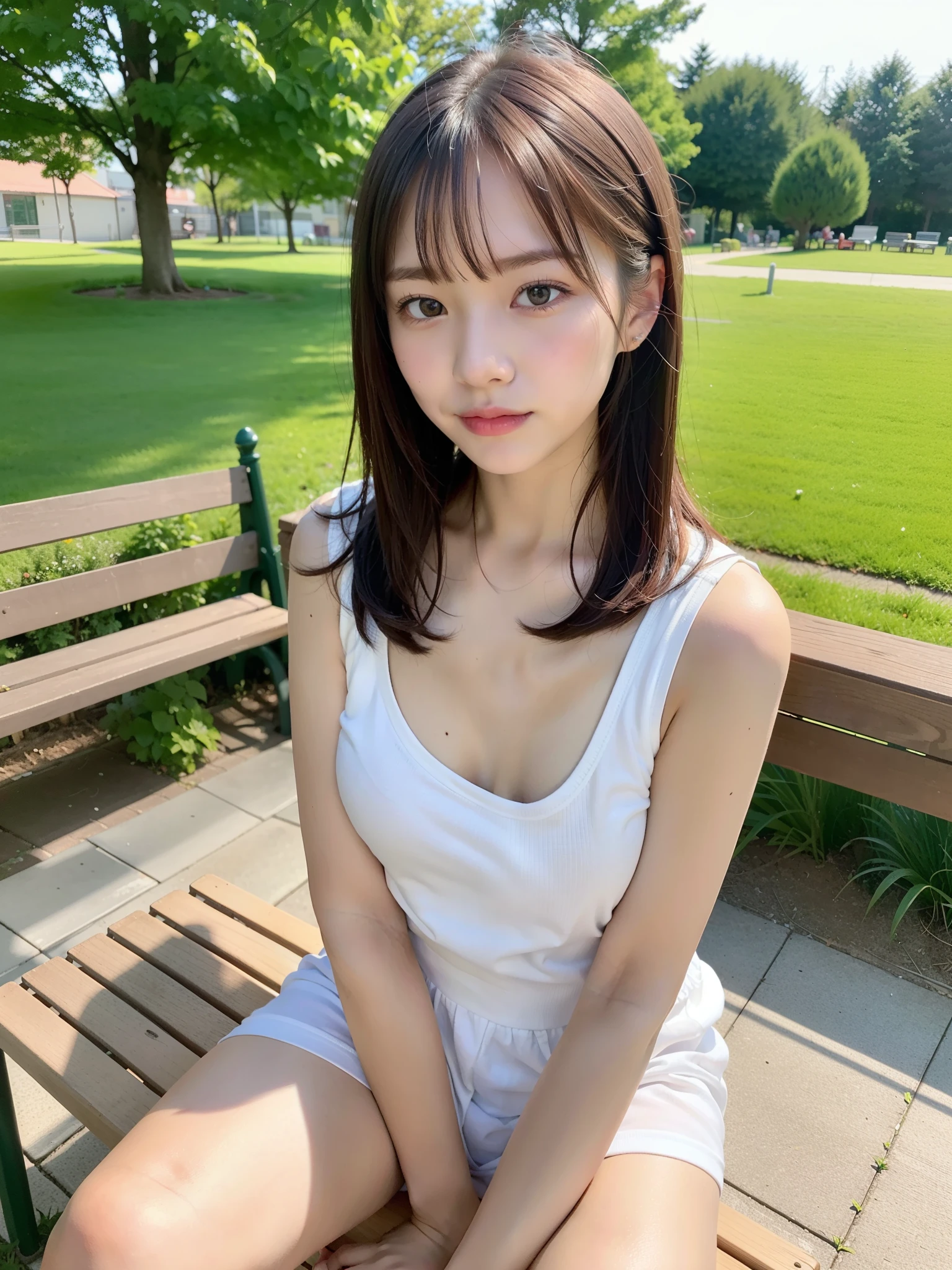 (Best Quality, masutepiece, Ultra HD: 1.3), 1girl in, （middlebreasts）, light brown hair, Asymmetrical hair, straight haired, Long hair,（ slender body shape, Constricted waist）,（Ultra Fine Face）, Delicate lips, （beautidful eyes）, thin blush, eyes are brown, perfect glossy skin,View here, （ hide one's hands）,（Sitting on a bench）,（thin and long legs, Thighs and toes:1.5), See-through white blouse, White tight skirt,（White pumps）,  (a japanese girl,hposing Gravure Idol),Broad-leaved forest