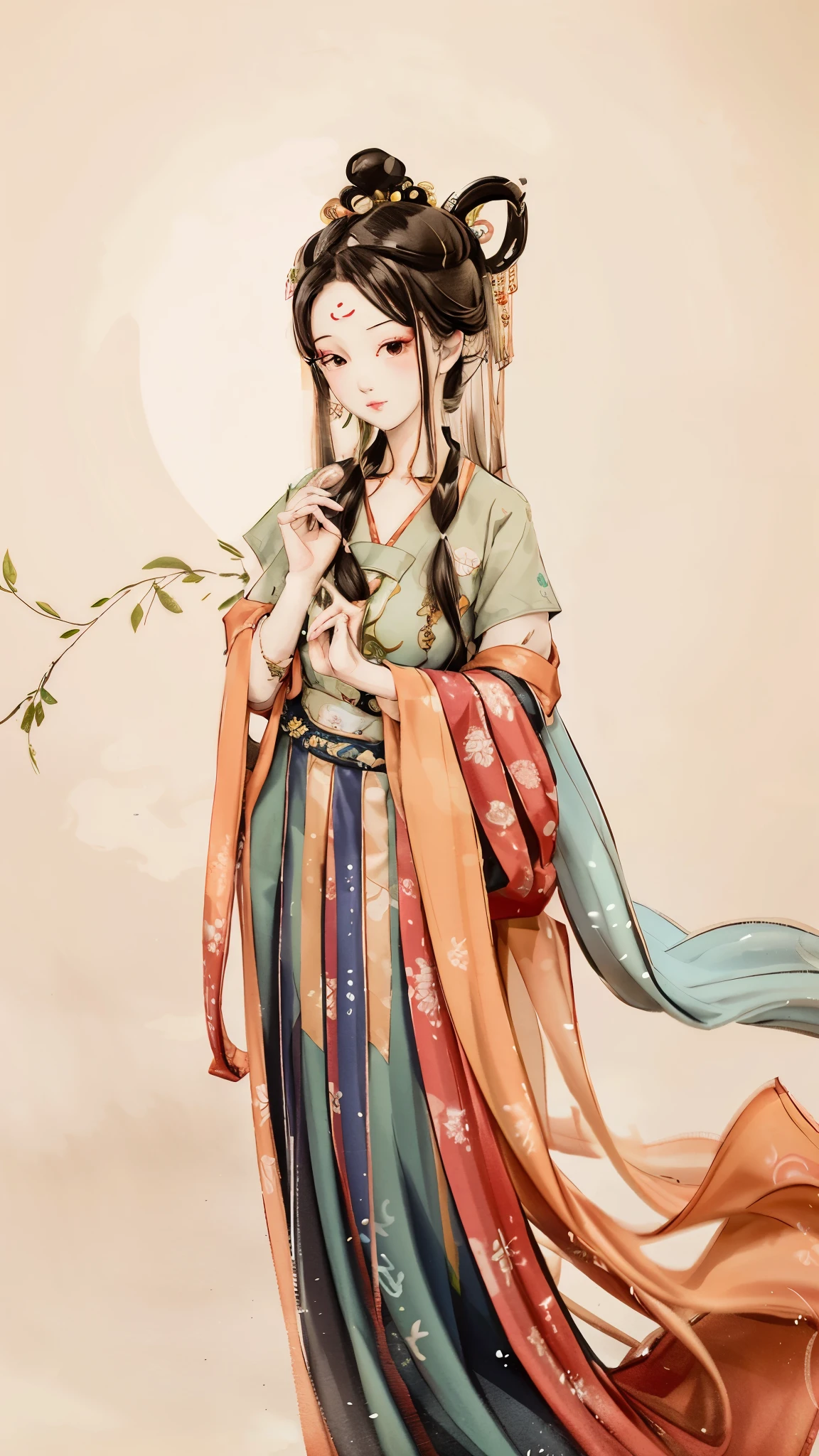 Shukzuma, negative space, , Ink Bismuth , Portrait of a woman standing , Willow Branch Easter Works, best quality:1.2), Chinese traditional ink painting, Model shooting style, peaceful, (Smile), view viewer, Wearing long hanfu, Hanfu, song, willow tree in background, wuchangshuo,