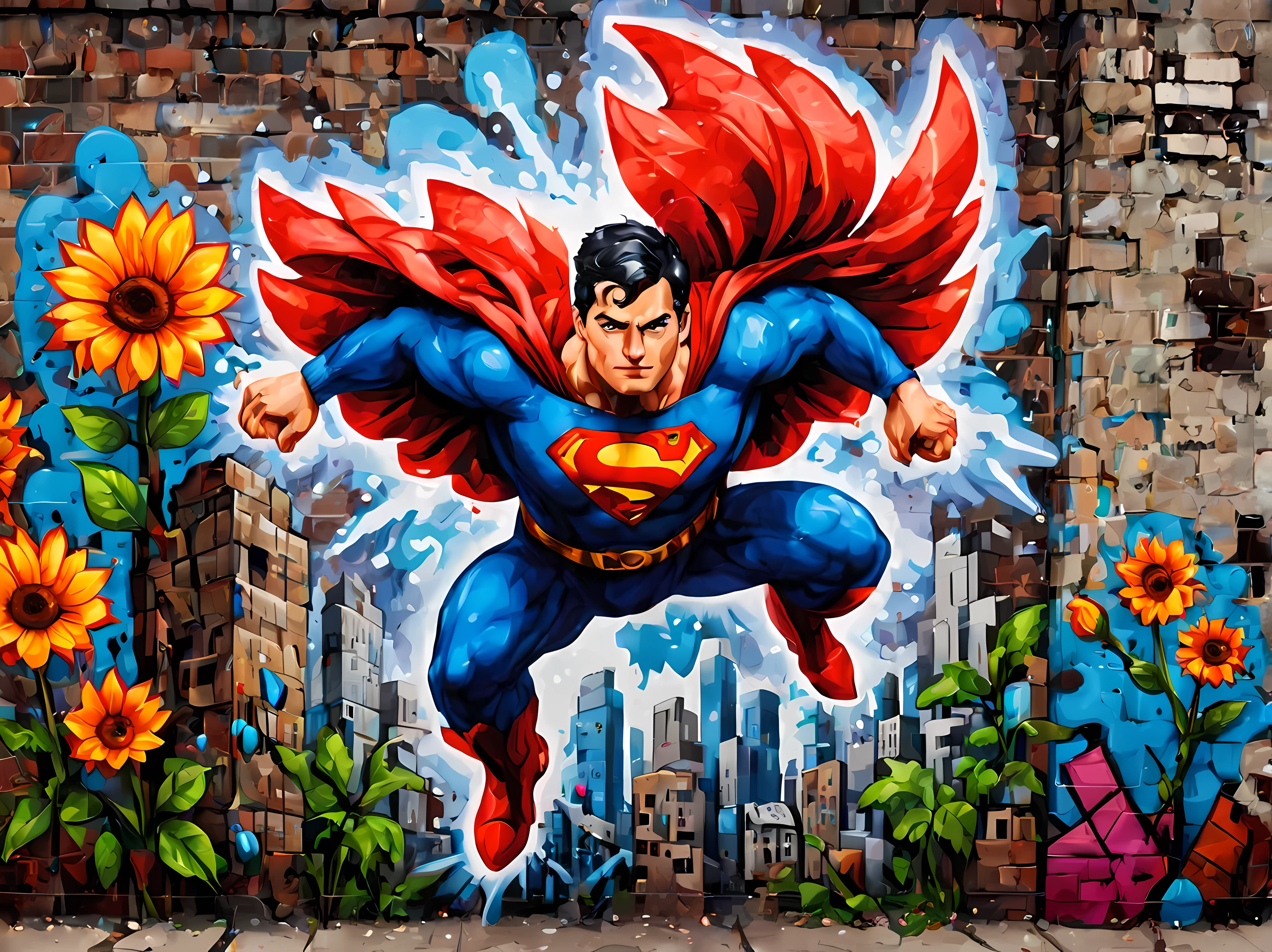 (pixel art:1.4), made of elemental_graffiti, design a mesmerizing ((((wall graffiti)))) featuring heroic Superman in a dynamic pose soaring through the skyline of a (futuristic) city, nature elements, flowers, bold and vibrant colors, cloudy, magic, clean nature environment, intricate details, symbols, abstract, realism, sharp focus, masterpiece in maximum 16K resolution, sharp details, elemental art, graffiti art. | ((More_Detail))
