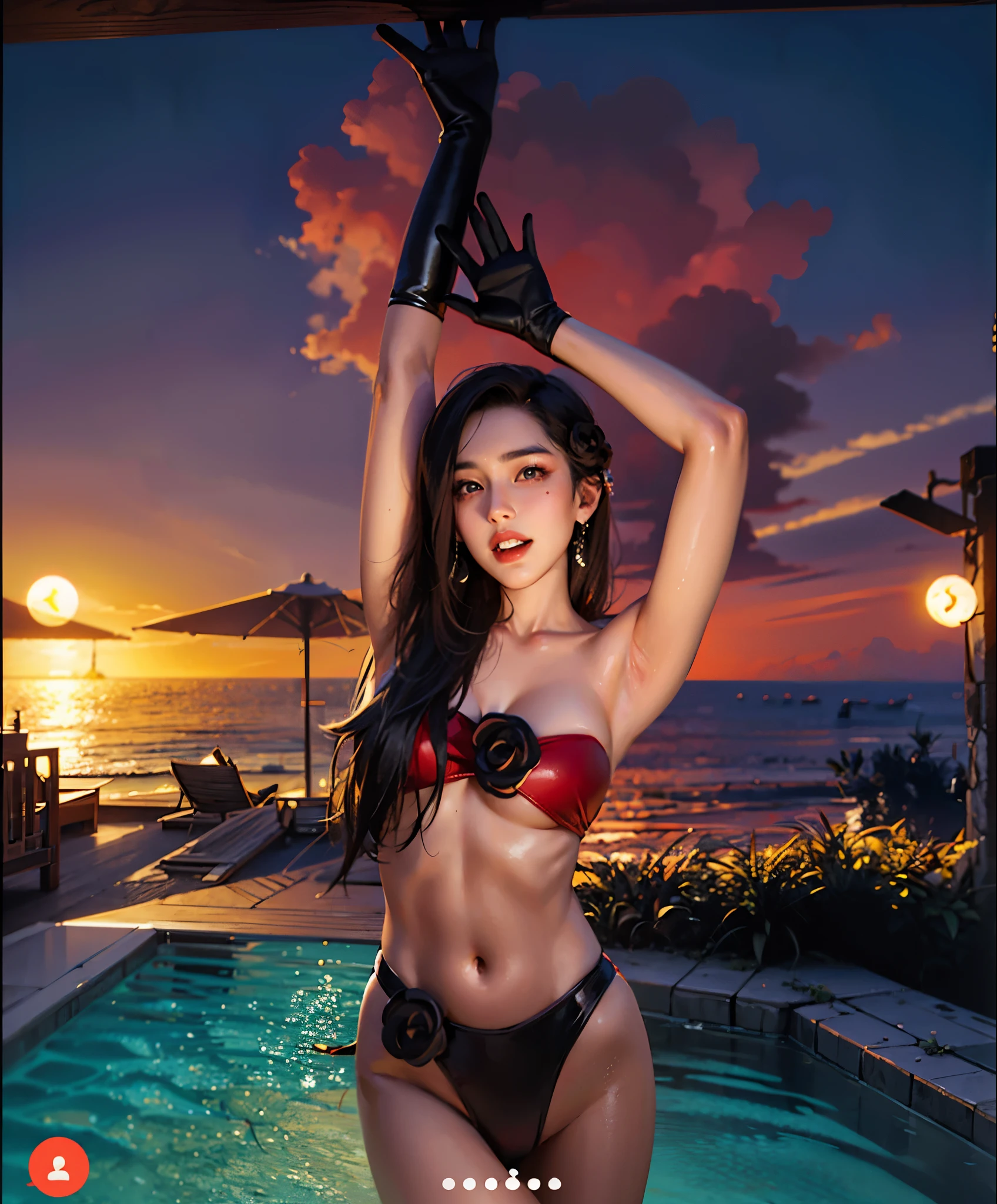 there is a woman in a red bikini posing for a picture, red bikini, wearing two - piece swimsuit, attractive pose, instagram model, 2 4 year old female model, is wearing a swimsuit, gorgeous chinese model, dilraba dilmurat, full body xianxia, sexy pose, elegant bikini, in bikini, 3 / 4 pose, 1 8 yo