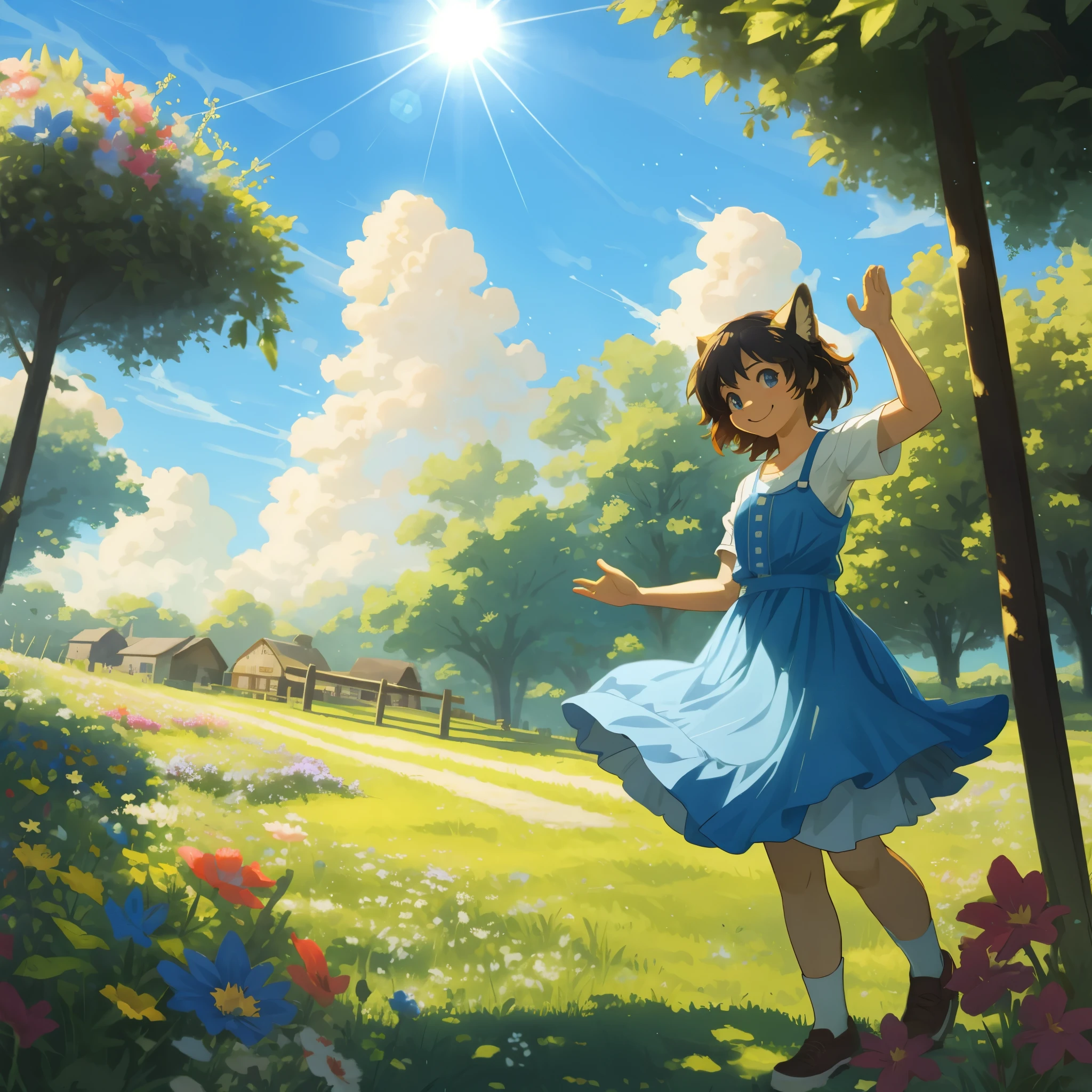 top quality, highres, High-quality illustrations, unparalleled masterpiece(movie of life)nature inspired imagery, rendered in maya, romanticized views, lively illustrations, hyper realistic, whimsical cartoonish, farm, Blue sky, clouds, florals Beautiful garden(furry anthro, solo, girl, casual fashion, Relux pose, Smile)absurdres, perfect anatomy, caustics, cinematic lighting, lens flare, deep shadow, dynamic angle,