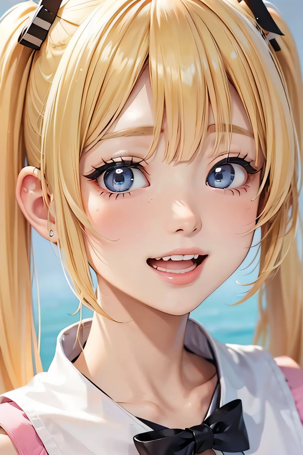 European girl, blush, twintails, ()1.2 13 yile, blue eyes, large breasts, backlighting, bokeh, (blond hair)1.2, looking at viewer, wide-eyed, tight string white bikini, sea side, side view,