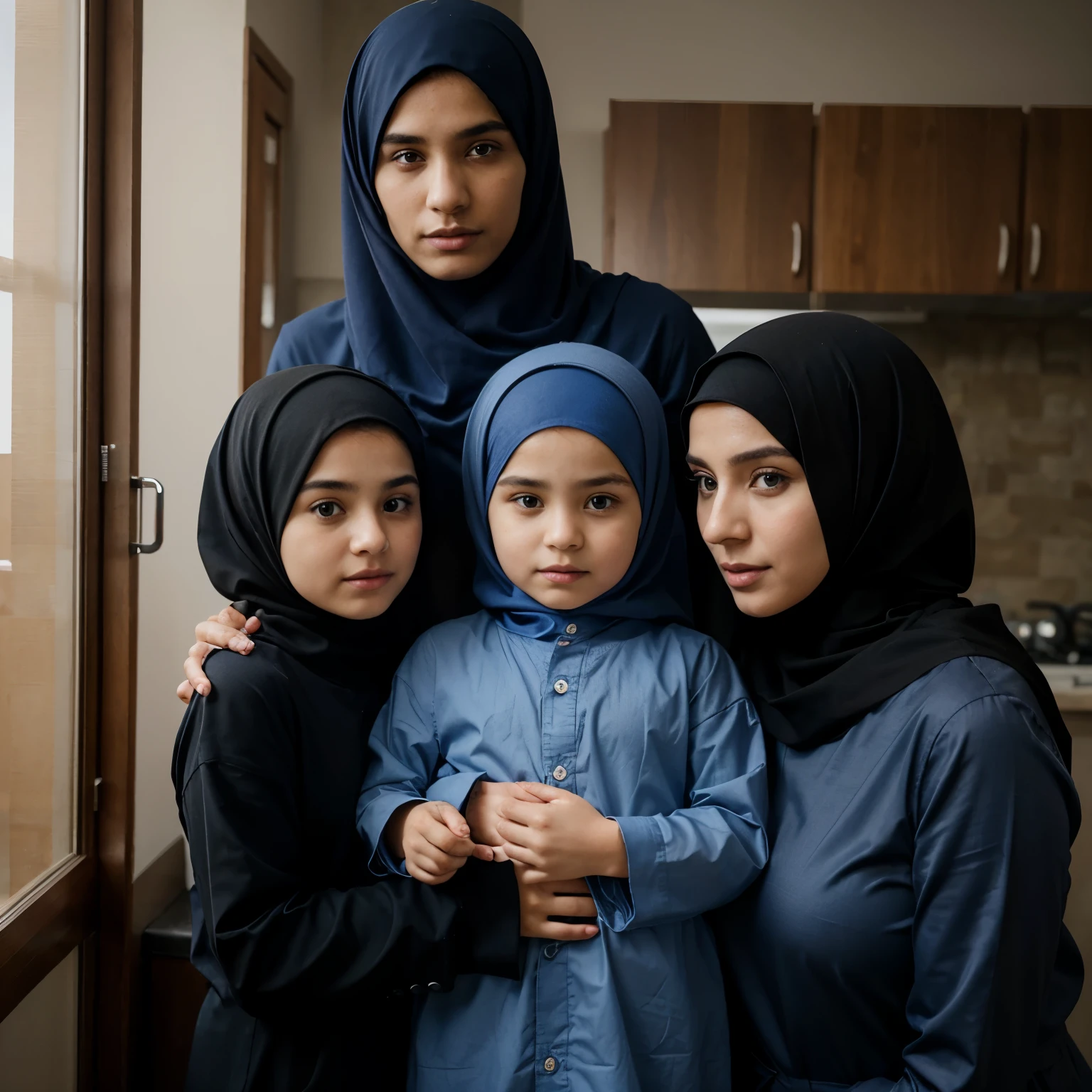 Family photo. A 20-year-old man wearing a peci and blue shirt holding a 5--old daughter wearing a blue hijab and abaya, his 19-year-old wife wearing a blue hijab and abaya holding a 3-year son ring a peci. Next to the father are daughters aged 6 and 10 wearing blue hijab and abaya. Realistic picture. Full HD.