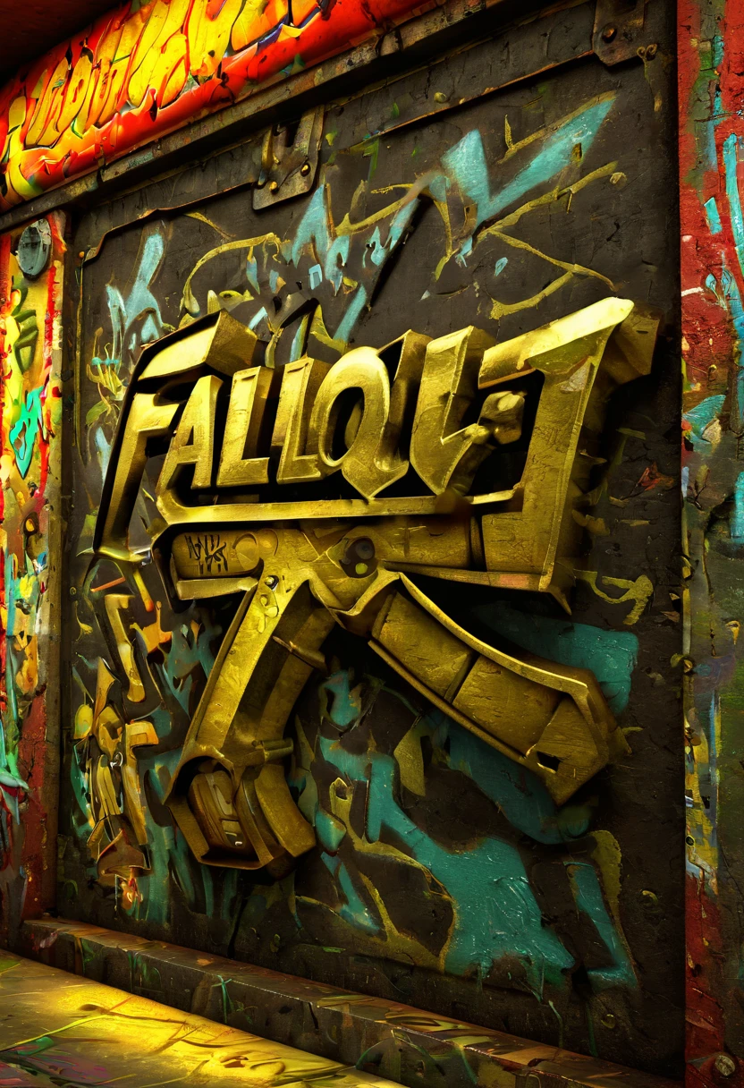 Graffiti 3d style .Logo "Fallout", text "Fallout", txt says "Fallout" . Graffiti 3d style. 32k, ultra-clear, digital render, golden ratio High Resolution, High Quality, Masterpiece. vivid colors reflects. Dramatic lighting, high definition image. 35 AWARDS nominee. Premios Graffiti . Hyperdetalisation 