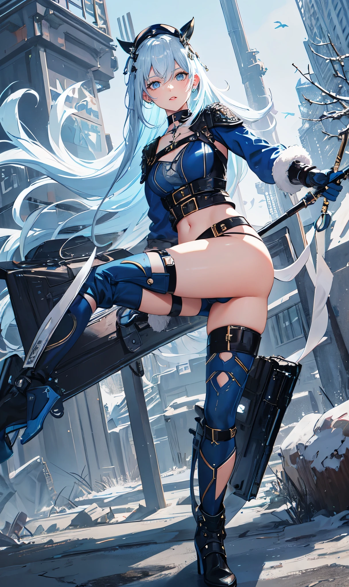 Abandoned winter industrial town background,(pure white straight hair:2.0),(blue cu rlhair end:2.0)issue card,Standing close-up,dream world,scars on face,(Slender blue phoenix eyes,pink lipstick,long eyelashes),Gloves,Short sword,choker,(Assassin's Tight Combat Suit,Torn and worn midriff-baring combat uniform,Leather miniskirt,leg rings,belt:2.0),fur tube top(choker),Over-the-knee high-heeled boots,strappy high heel boots,There are many straps on the legs,Detailed drawn background