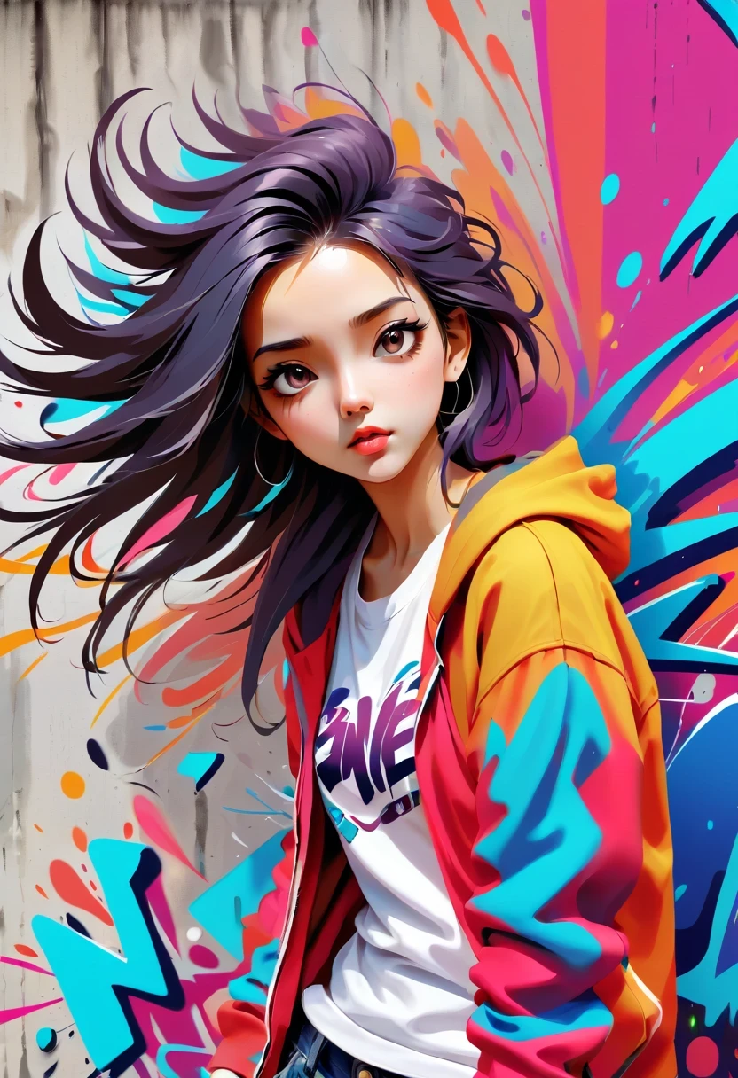 Graffiti漫画，Graffiti, wall, whole picture, high resolution和高对比度,simple,girl，(best quality,high resolution,masterpiece:1.2),super detailed,actual, high dynamic range,studio lighting,Physically based rendering,bright colors,[Street art],portrait,[comic style],urban style,urban chic,city View,Graffiti覆盖的建筑物,expressive brushstrokes,[dynamic poses], [Unique facial expressions],eye-catching background,Color spray paint,mark wall,crappy texture,Detailed character design,dramatic lighting,sketchy lines,energy and movement,urban culture,modern style,Avant-garde and energetic,modern style,Vibrant color palette,sharp contrast,Street Fashion,Stylish and confident,lively scenes、Lively,sense of rebellion,[abstract elements],Pop Art Influence,imagination and creativity.