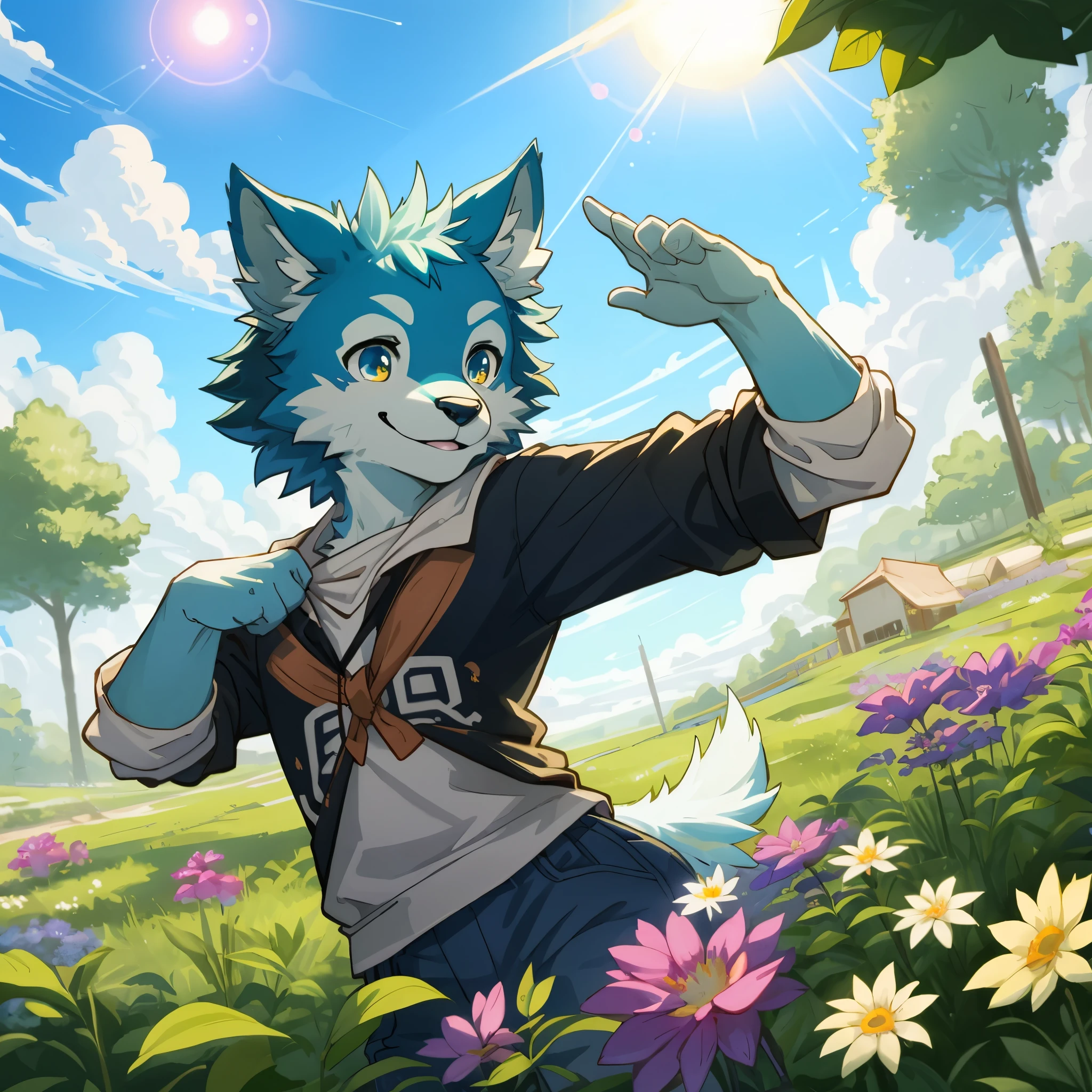 top quality, highres, High-quality illustrations, unparalleled masterpiece(movie of life)nature inspired imagery, rendered in maya, romanticized views, lively illustrations, hyper realistic, whimsical cartoonish, farm, Blue sky, clouds, florals Beautiful garden(furry anthro, solo, girl, casual fashion, Relux pose, Smile)absurdres, perfect anatomy, caustics, cinematic lighting, lens flare, deep shadow, dynamic angle,