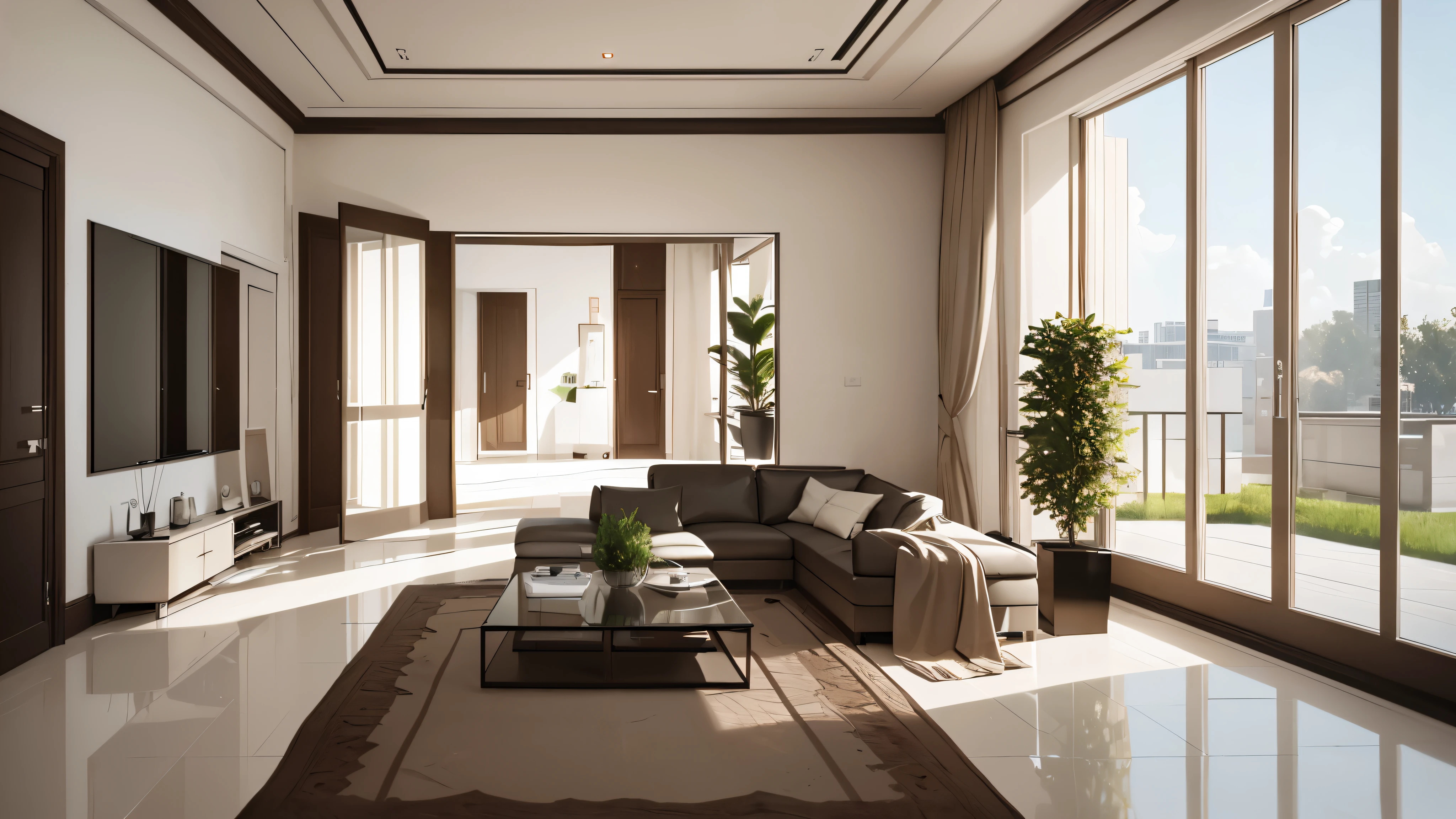 you are a famous interior designer、I was asked to create a 3D image of a large modern room.。. Create a harmonious environment with modern and minimalist furniture. Including garden interior.
