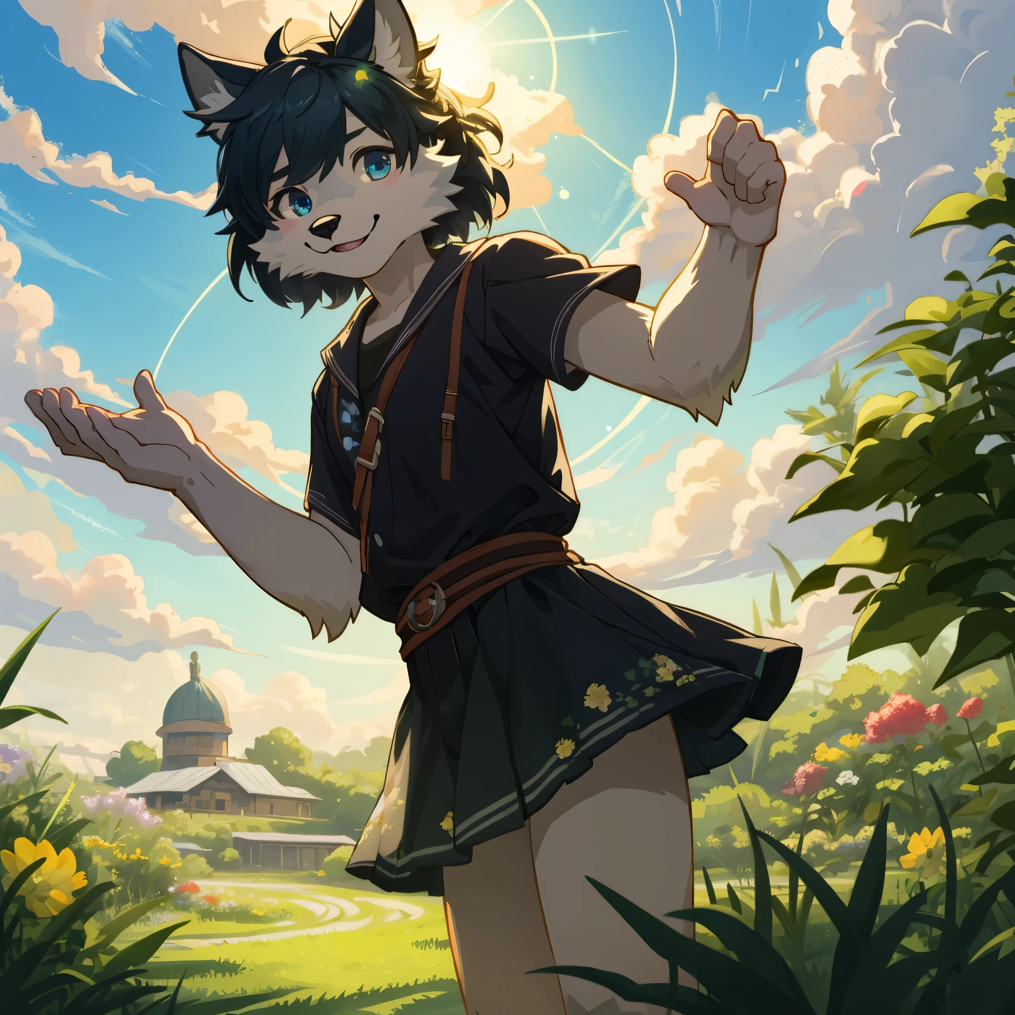 top quality, highres, High-quality illustrations, unparalleled masterpiece(movie of life)nature inspired imagery, rendered in maya, romanticized views, lively illustrations, hyper realistic, whimsical cartoonish, farm, Blue sky, clouds, florals Beautiful garden(furry anthro, solo, girl, casual fashion, Relux pose, Smile)absurdres, perfect anatomy, caustics, cinematic lighting, lens flare, deep shadow, dynamic angle,