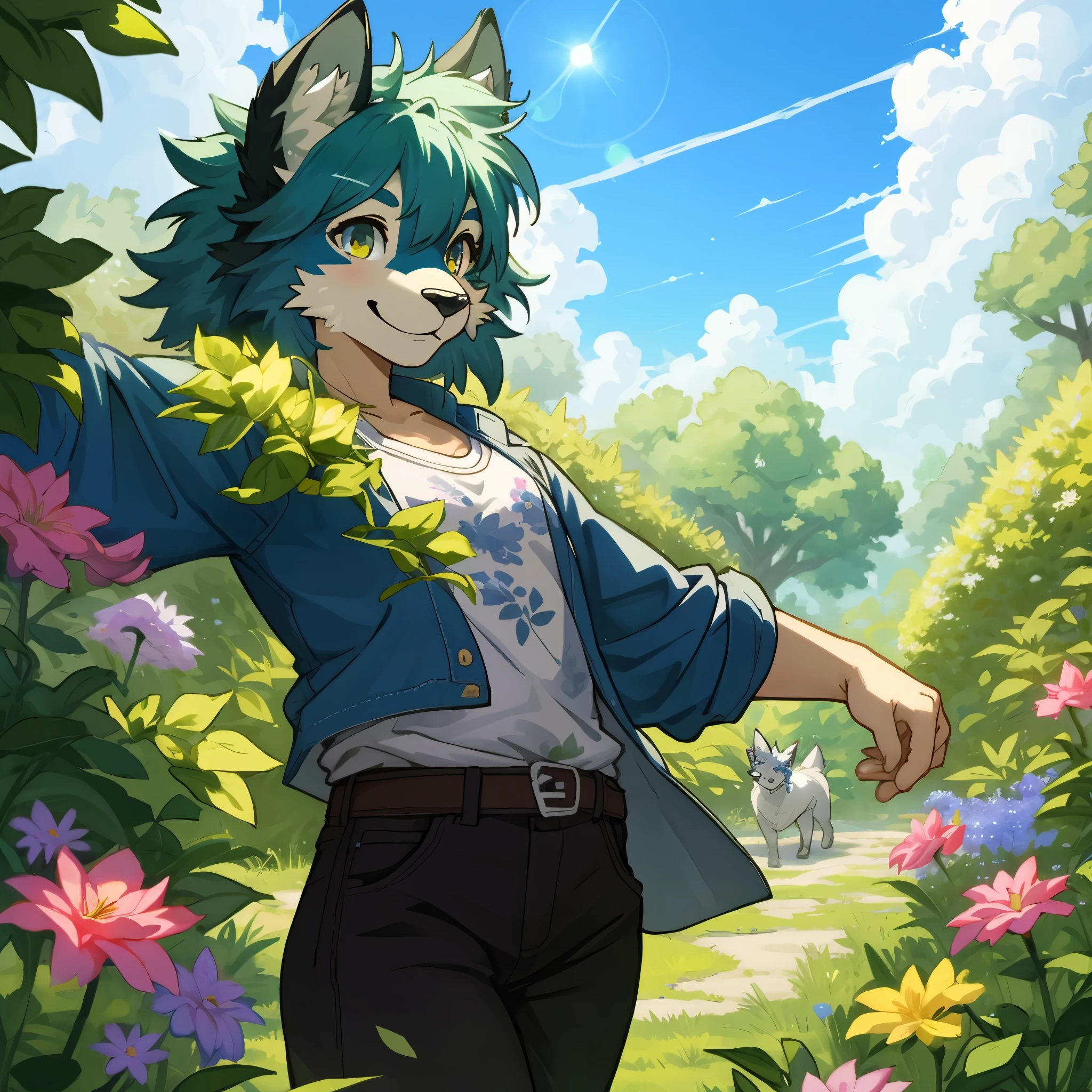 top quality, highres, High-quality illustrations, unparalleled masterpiece(movie of life)nature inspired imagery, rendered in maya, romanticized views, lively illustrations, hyper realistic, whimsical cartoonish, farm, Blue sky, clouds, florals Beautiful garden(furry anthro, solo, girl, casual fashion, Relux pose, Smile)absurdres, perfect anatomy, caustics, cinematic lighting, lens flare, deep shadow, dynamic angle,