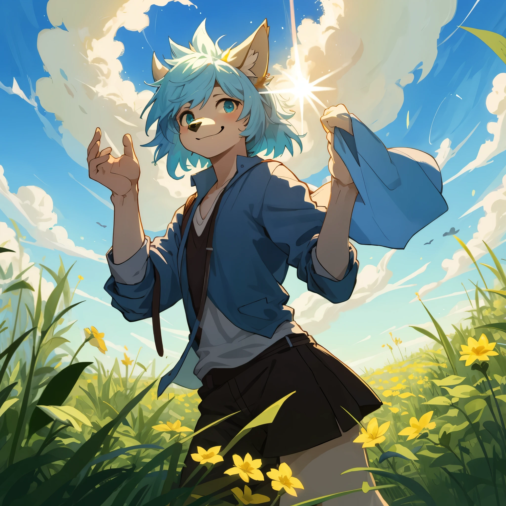 top quality, highres, High-quality illustrations, unparalleled masterpiece(movie of life)nature inspired imagery, rendered in maya, romanticized views, lively illustrations, hyper realistic, whimsical cartoonish, farm, Blue sky, clouds, florals Beautiful garden(furry anthro, solo, girl, casual fashion, Relux pose, Smile)absurdres, perfect anatomy, caustics, cinematic lighting, lens flare, deep shadow, dynamic angle,