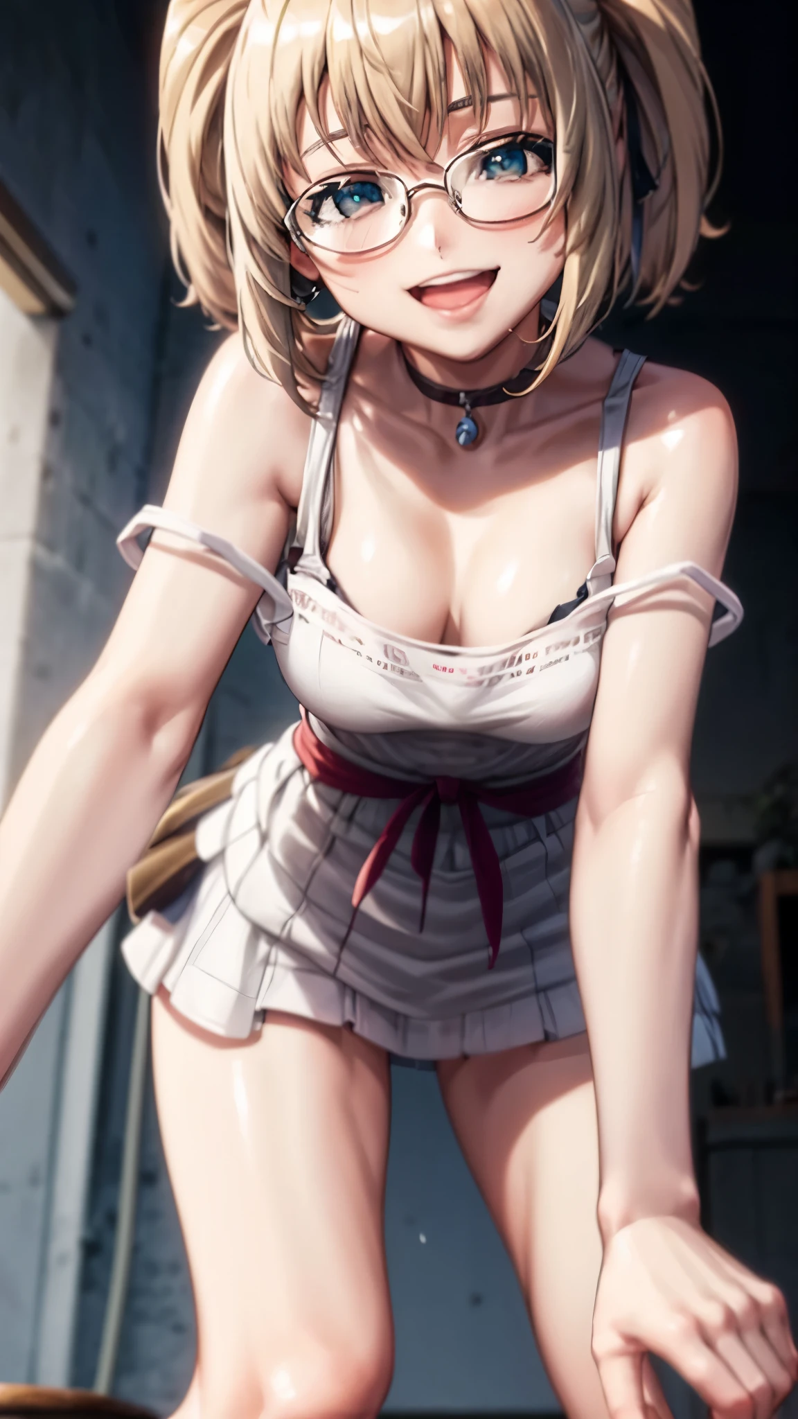 1 female,,blonde,(miniskirt and big white tank top, (), , natural smile,,frameless eyeglasses,(((leaning forward)))