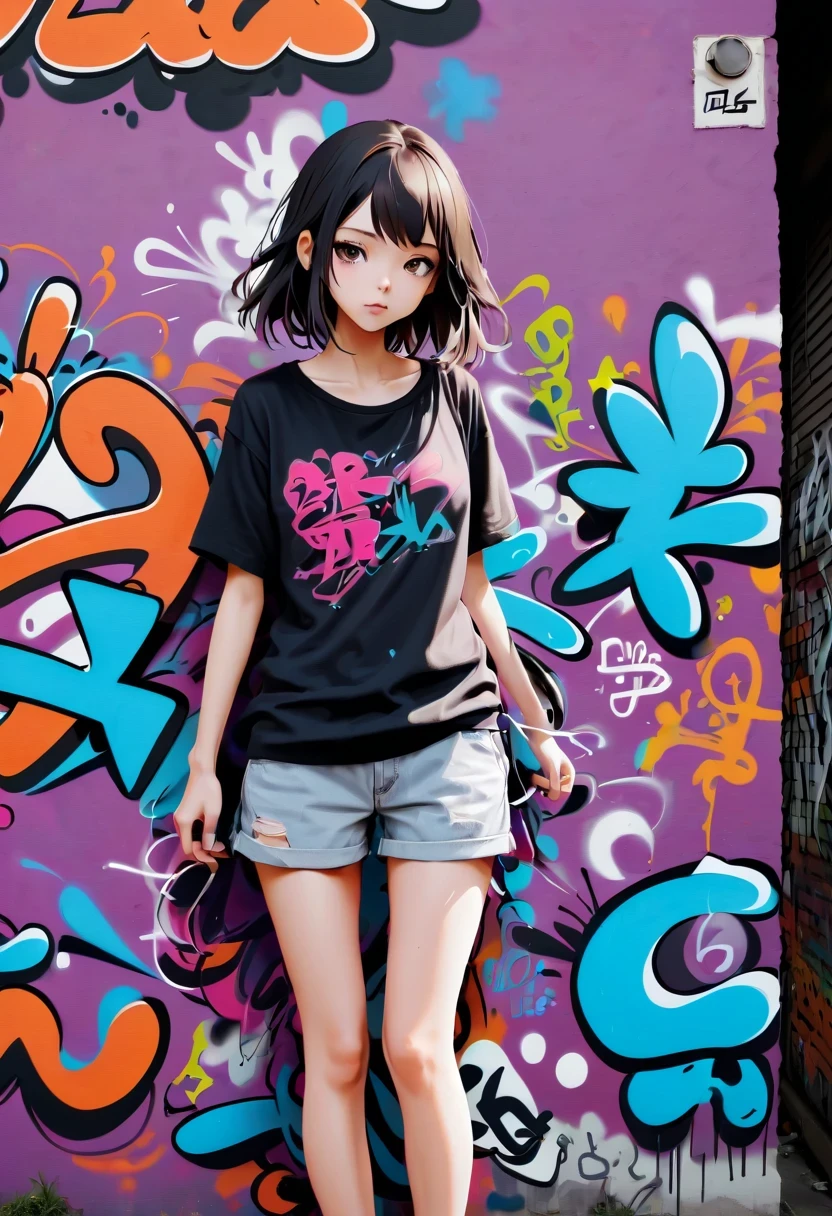 Graffiti漫画,Graffiti, wall, whole picture, High resolution and high contrast,simple,girl
