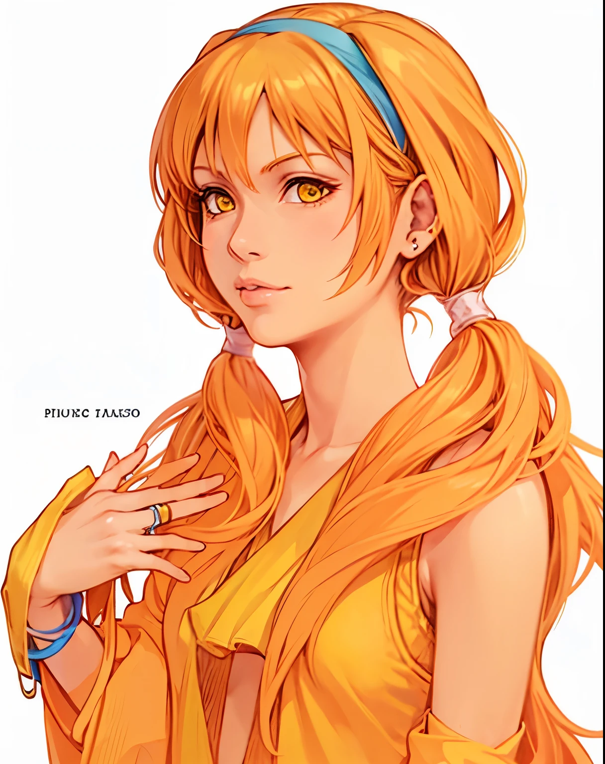 nomura tetsuya, masterpiece, best quality, 1girl, yellow eyes, blue headband, ring, low long pigtails