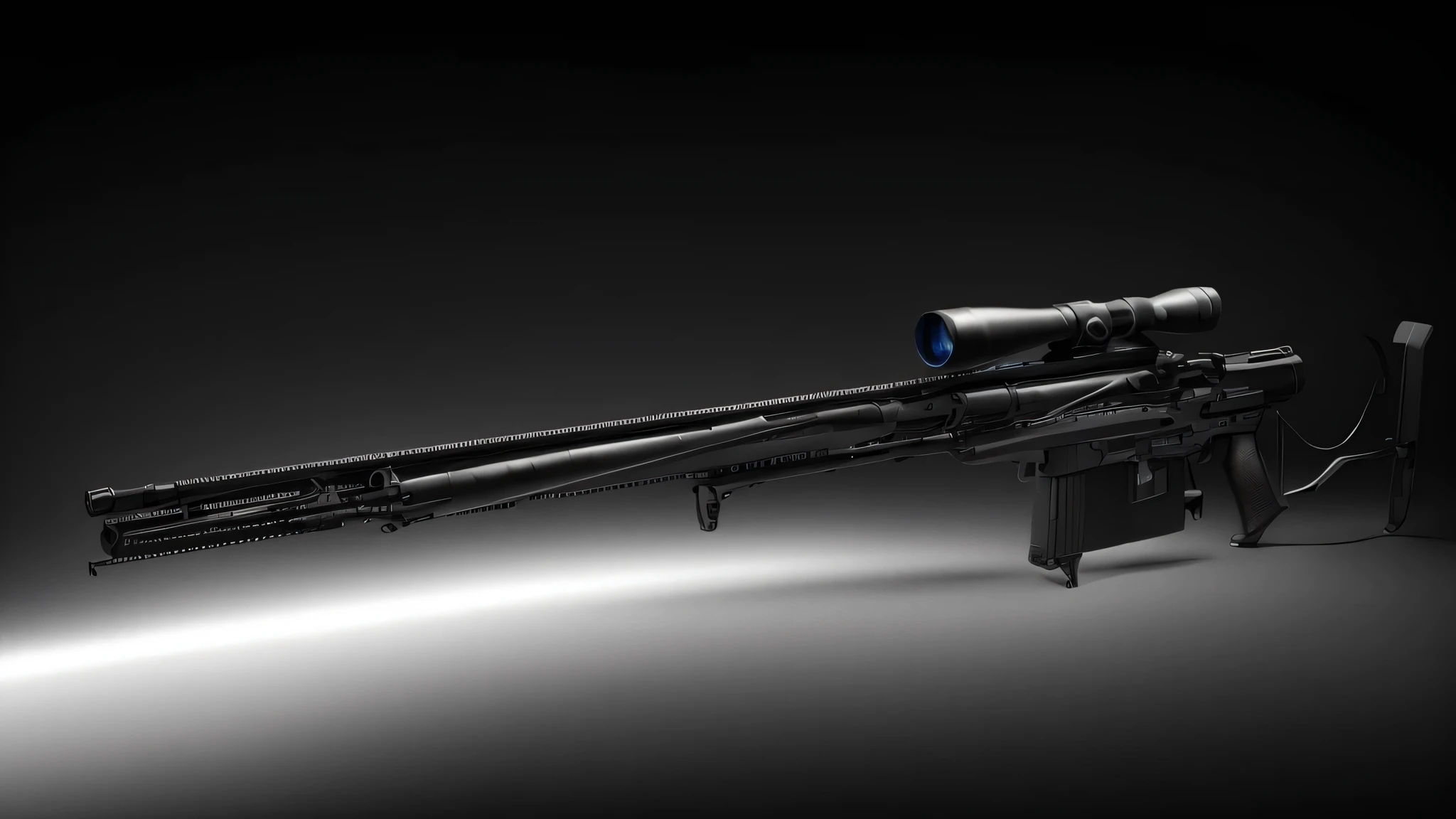 Close-up of a rifle with a scope on a black background, pulse rifle, gauss rifle, energy rifle, HDRP Rendering, Futuristic weapons shotgun, Futuristic weapons, Highly detailed and crisp rendering, 8k hd wallpaper jpeg artifact, 8k hd wallpaper jpeg artifact, Full shot like a movie, photorealistic shot, realistic weapons, Bolt-Action Rifles