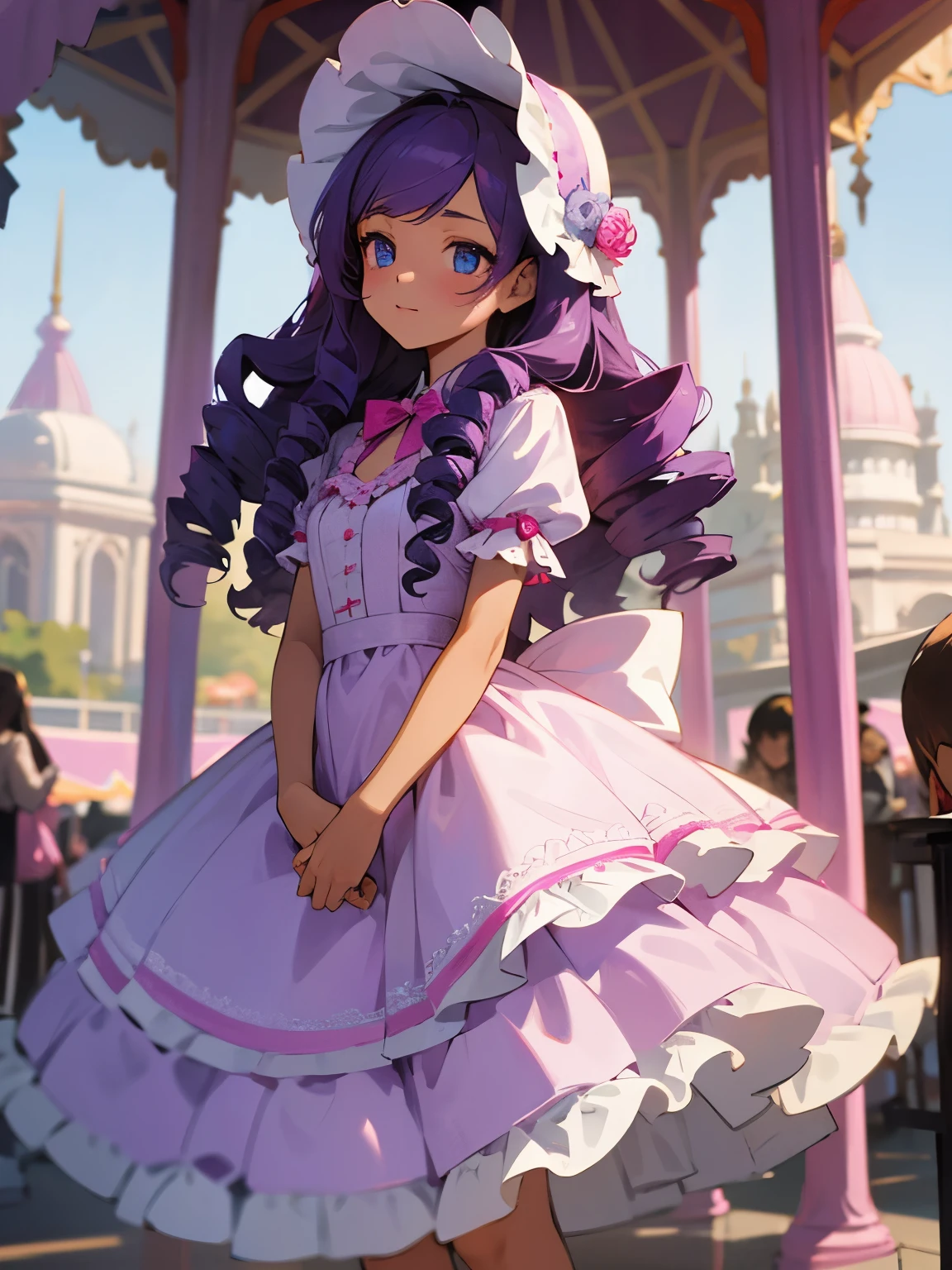 A beautiful young girl with long wavy dark purple hair, side bangs, drill curls, blue eyes, light tanned skin, no smile, wearing a white and purple lolita dress with detailed decorations, bows, and frills, and bonnet with unicorn horn and pink roses, standing in front of a carousel 