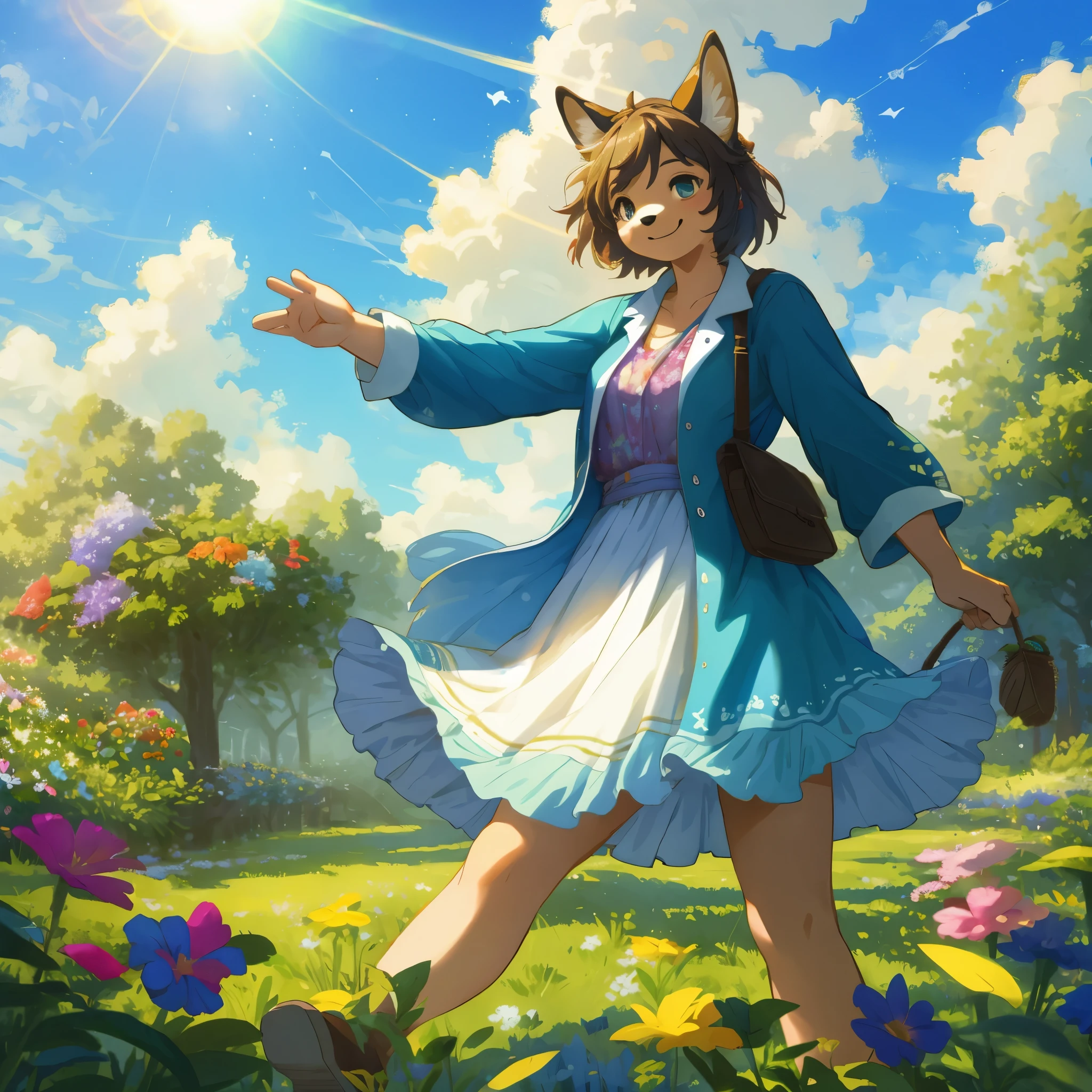 top quality, highres, High-quality illustrations, unparalleled masterpiece(movie of life)nature inspired imagery, rendered in maya, romanticized views, lively illustrations, hyper realistic, whimsical cartoonish, farm, Blue sky, clouds, florals Beautiful garden(furry anthro, solo, girl, casual fashion, Relux pose, Smile)absurdres, perfect anatomy, caustics, cinematic lighting, lens flare, deep shadow, dynamic angle,