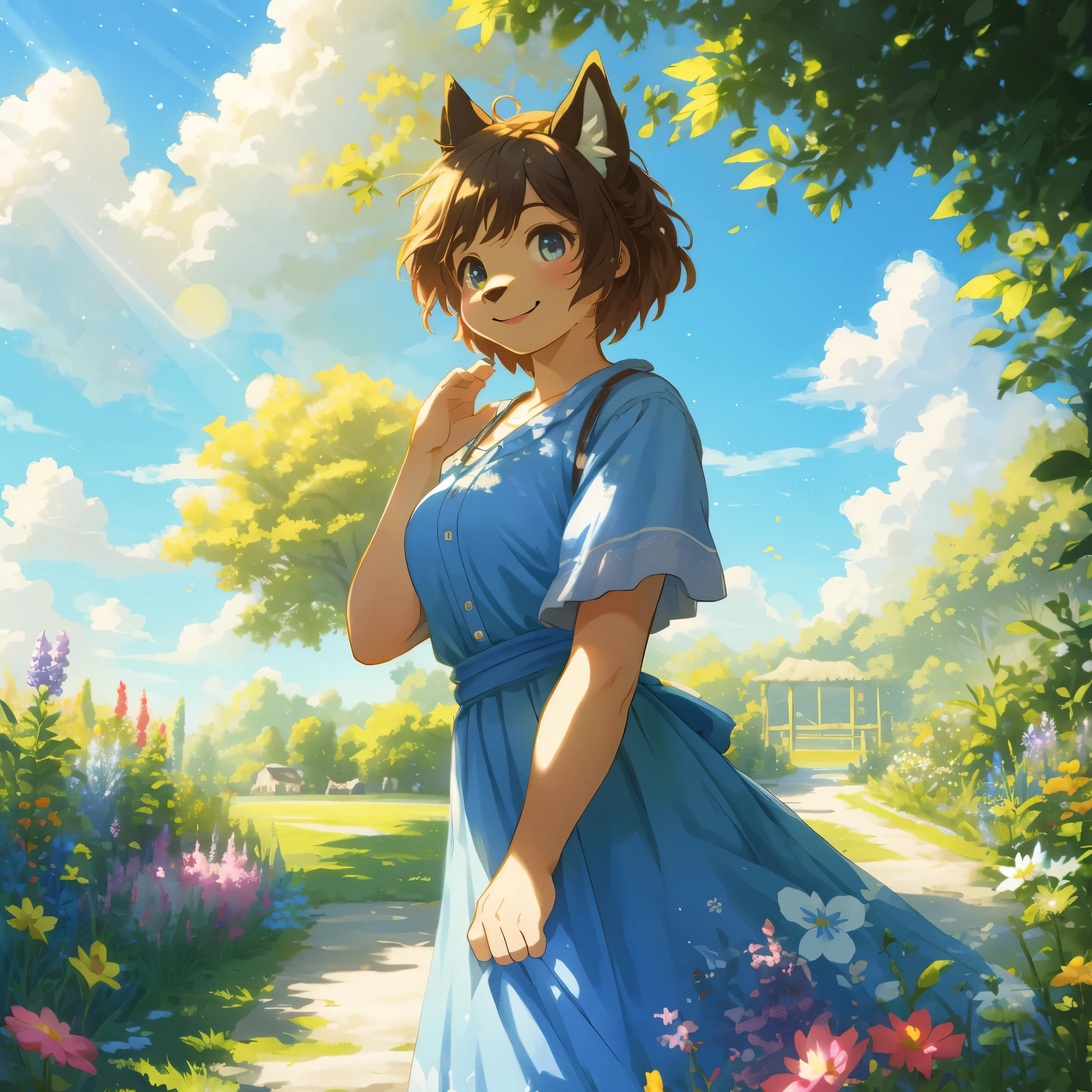 top quality, highres, High-quality illustrations, unparalleled masterpiece(movie of life)nature inspired imagery, rendered in maya, romanticized views, lively illustrations, hyper realistic, whimsical cartoonish, farm, Blue sky, clouds, florals Beautiful garden(furry anthro, solo, girl, casual fashion, Relux pose, Smile)absurdres, perfect anatomy, caustics, cinematic lighting, lens flare, deep shadow, dynamic angle,
