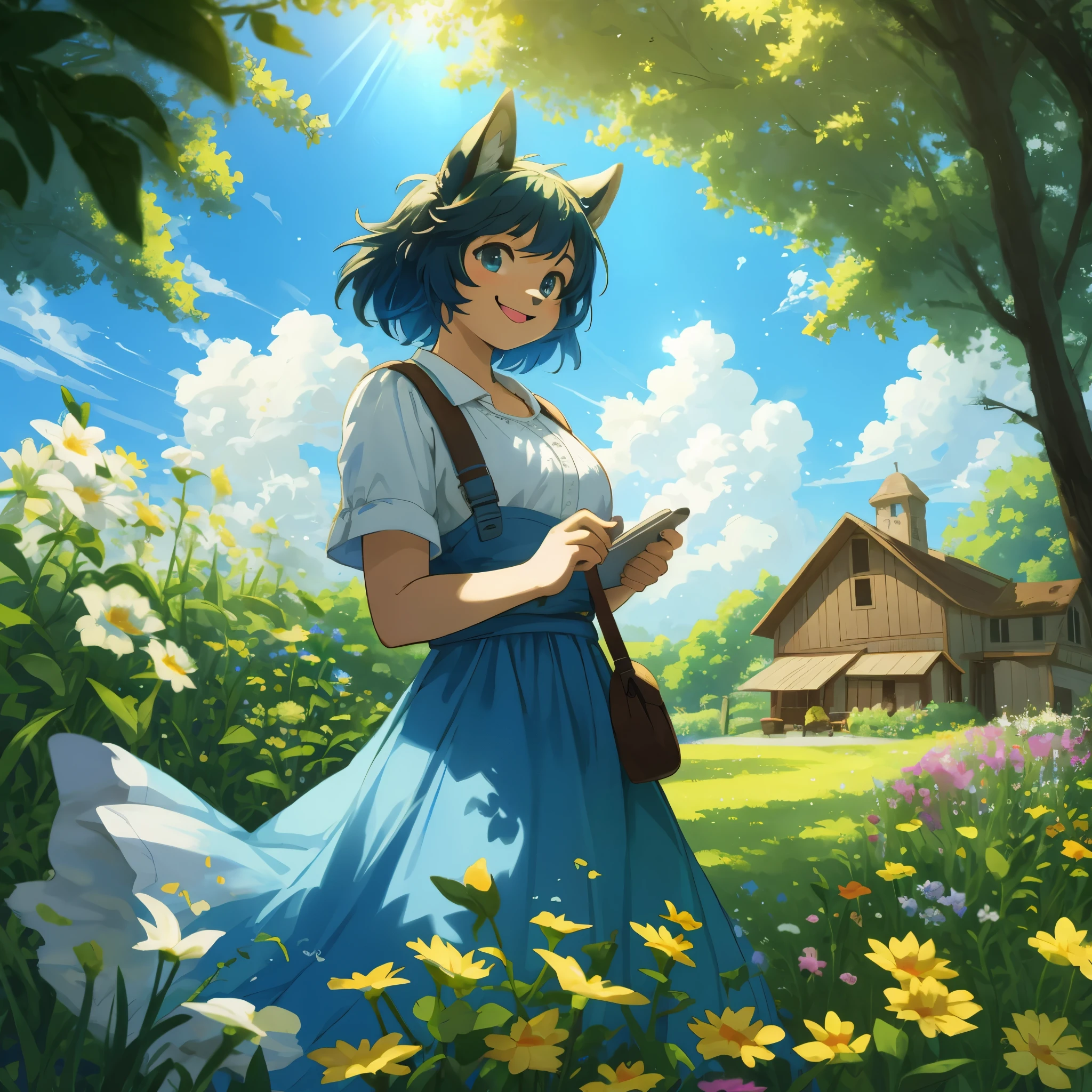 top quality, highres, High-quality illustrations, unparalleled masterpiece(movie of life)nature inspired imagery, rendered in maya, romanticized views, lively illustrations, hyper realistic, whimsical cartoonish, farm, Blue sky, clouds, florals Beautiful garden(furry anthro, solo, girl, casual fashion, Relux pose, Smile)absurdres, perfect anatomy, caustics, cinematic lighting, lens flare, deep shadow, dynamic angle,