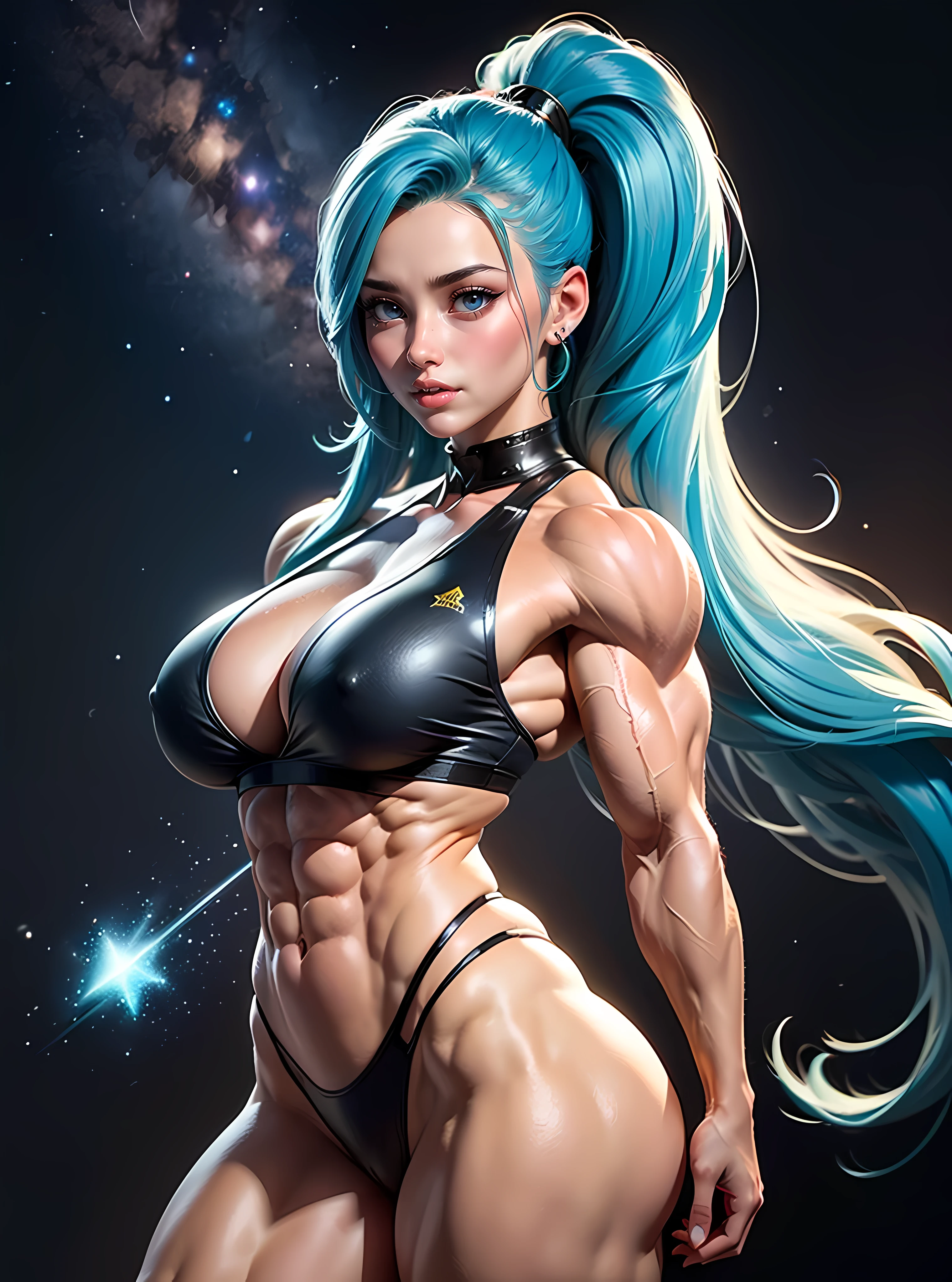 (((((Massive Female Bodybuilder))))), , , 
((((Muscular Quadriceps)))), , , 
((((Huge breasts)))), , , 
1, , ((Best Quality)), ((Masterpiece)), ((Realistic)) and ultra-detailed photography of a girl with goth colors. She has ((turquoise hair)), wears a (small black micro-thong:star motif ) , ((beautiful and aesthetic)), muscular fit body abs, sexy, under-, hot, (star filled sky background) (clear background:1.35), (particles ,firefly, blue glowing):1.3,