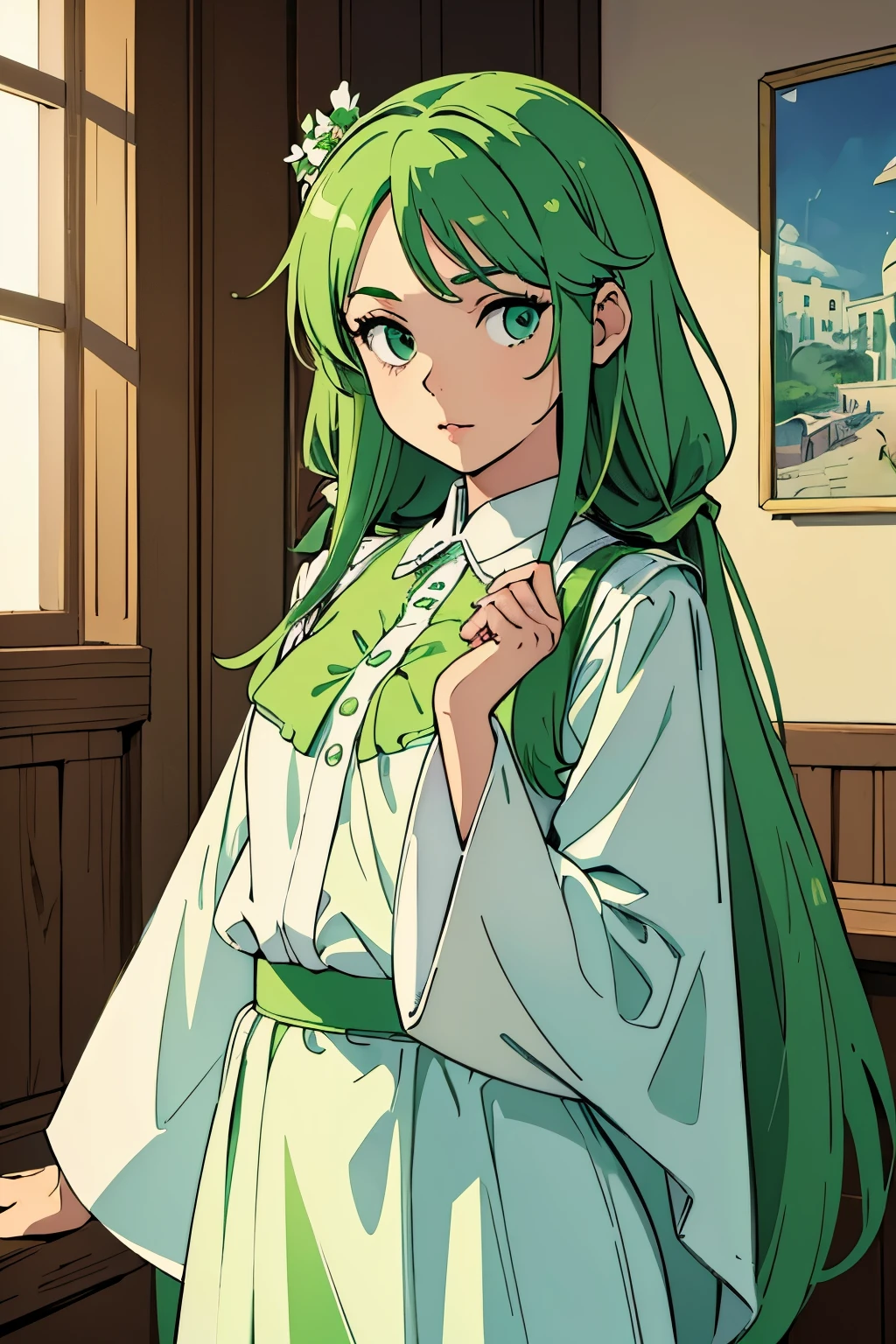 top quality,Perfect Face, long dark green hair, yellow eyes, collarbone,Master of Light and Shadow,crown,Sitting in the luxurious palace