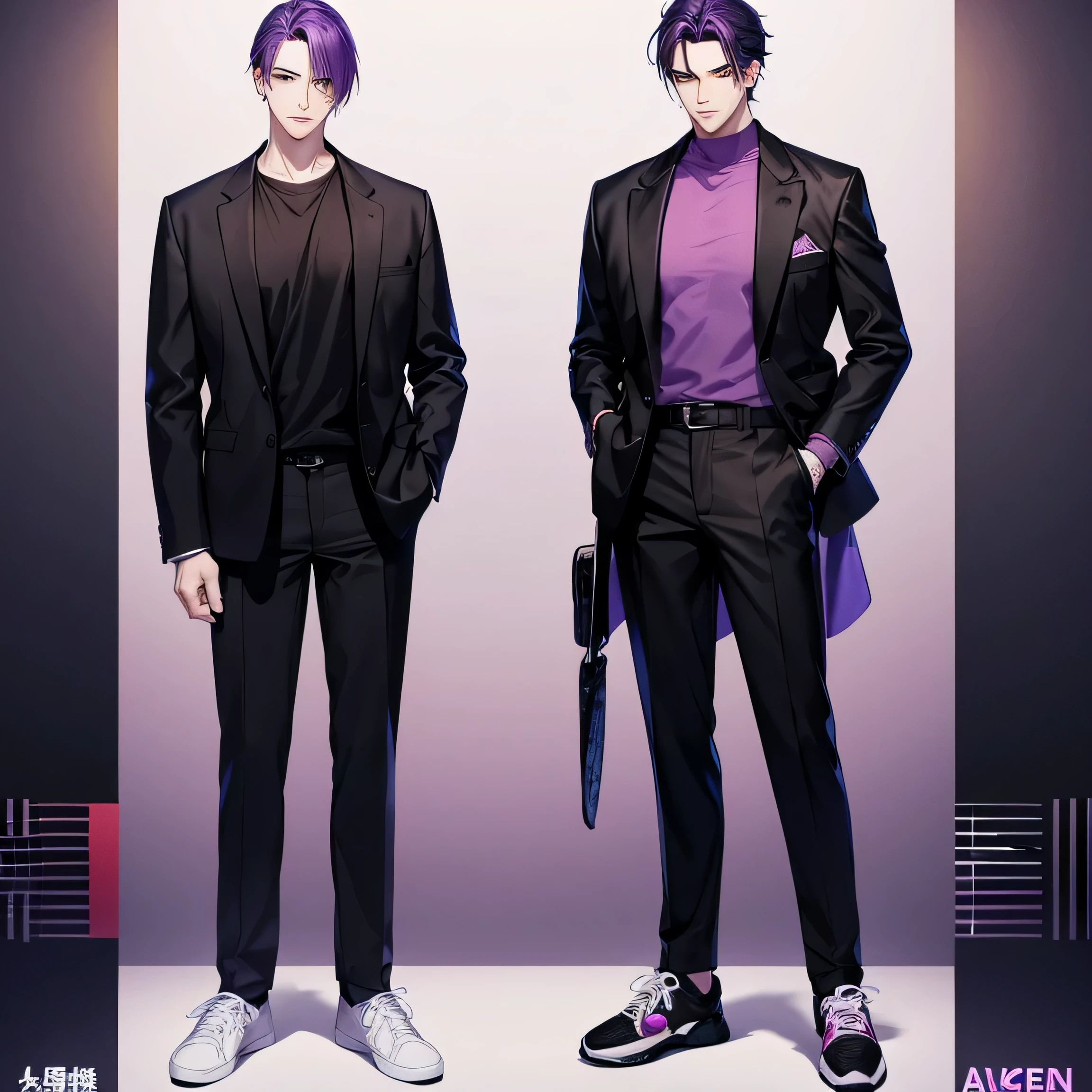 masterpiece, highest quality,Purple gradient hair、good face、ugly orange eyes、Yakuza style 27 year old male、Standing picture、Full body illustration of a tall person with long legs、reporter、Have a notebook and pen、black pants、casual jacket、shirt、sneakers、8 life size、anime style、white background
