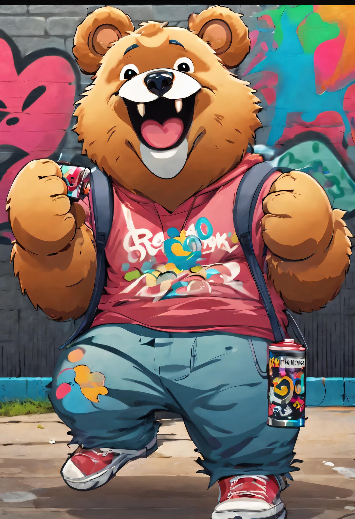 charming,Bear,Permanently installed,graffiti wall,cartoon style,Lovely,rich and colorful,Playful,outdoor environment,artistic,pleasure,Imaginative,Comic vibe,Lovely,whimsical,Detailed fur texture,expressive face,round eyes,round ears,smiling,Take the spray can,dripping paint effect,city background,warm light,rich and colorful backdrop,eye-catching,graffiti art,passionate gesture,cheerful atmosphere,artistic ,creative expression