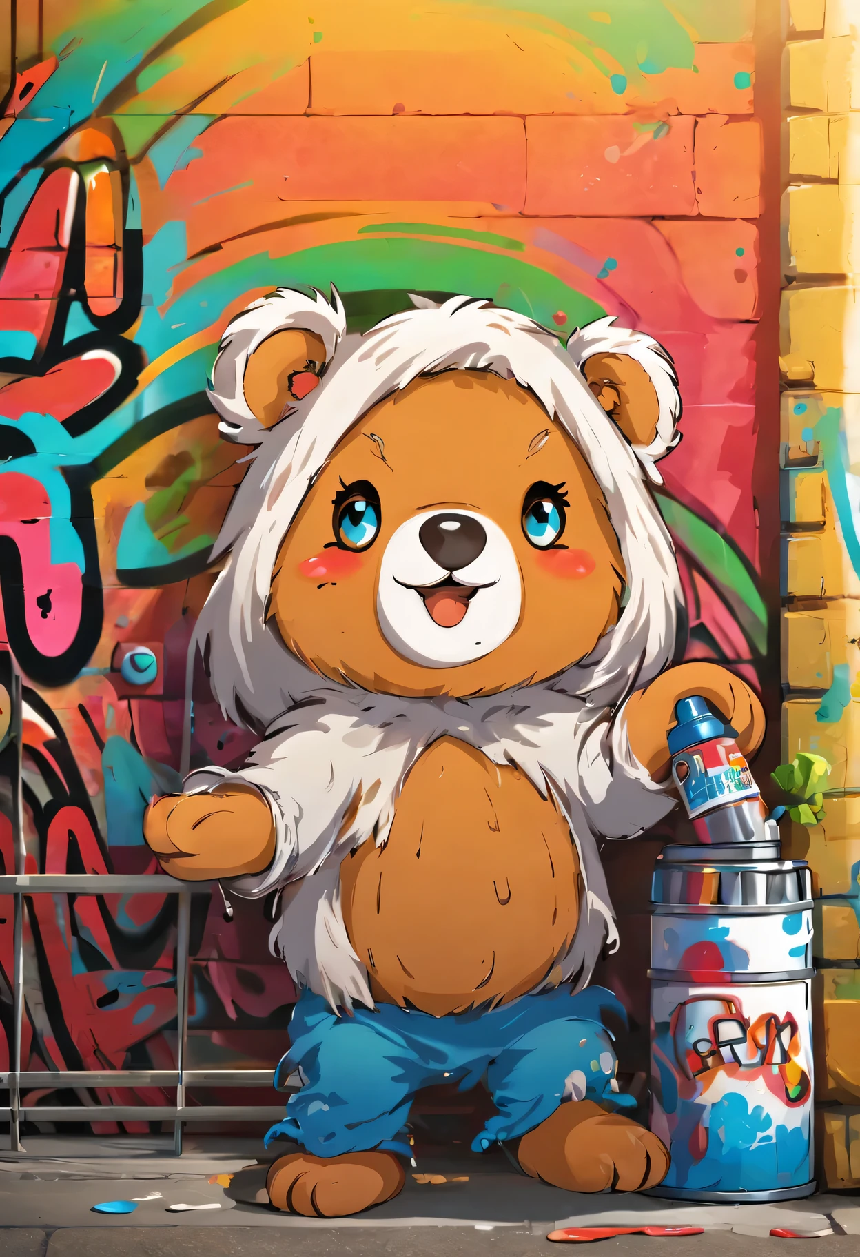 charming,Bear,Permanently installed,graffiti wall,cartoon style,Lovely,rich and colorful,Playful,outdoor environment,artistic,pleasure,Imaginative,Comic vibe,Lovely,whimsical,Detailed fur texture,expressive face,round eyes,round ears,smiling,Take the spray can,dripping paint effect,city background,warm light,rich and colorful backdrop,eye-catching,graffiti art,passionate gesture,cheerful atmosphere,artistic ,creative expression