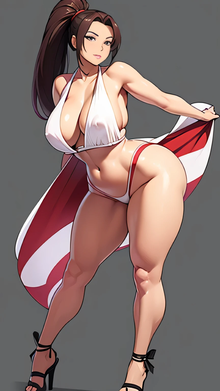 ((best quality)),((Solid background)),((Mai Shiranui)),((full-body shot)),(a sexy),(cartoon),(holding fan in hand),(realistic face:1.1),(perfect ),(perfect构图),slim down,Reduce fat,from head to toes,ponytail,tall figure,charming,Have feet,8k,nice pose,big breasts, ultra high definition,masterpiece,femininity,