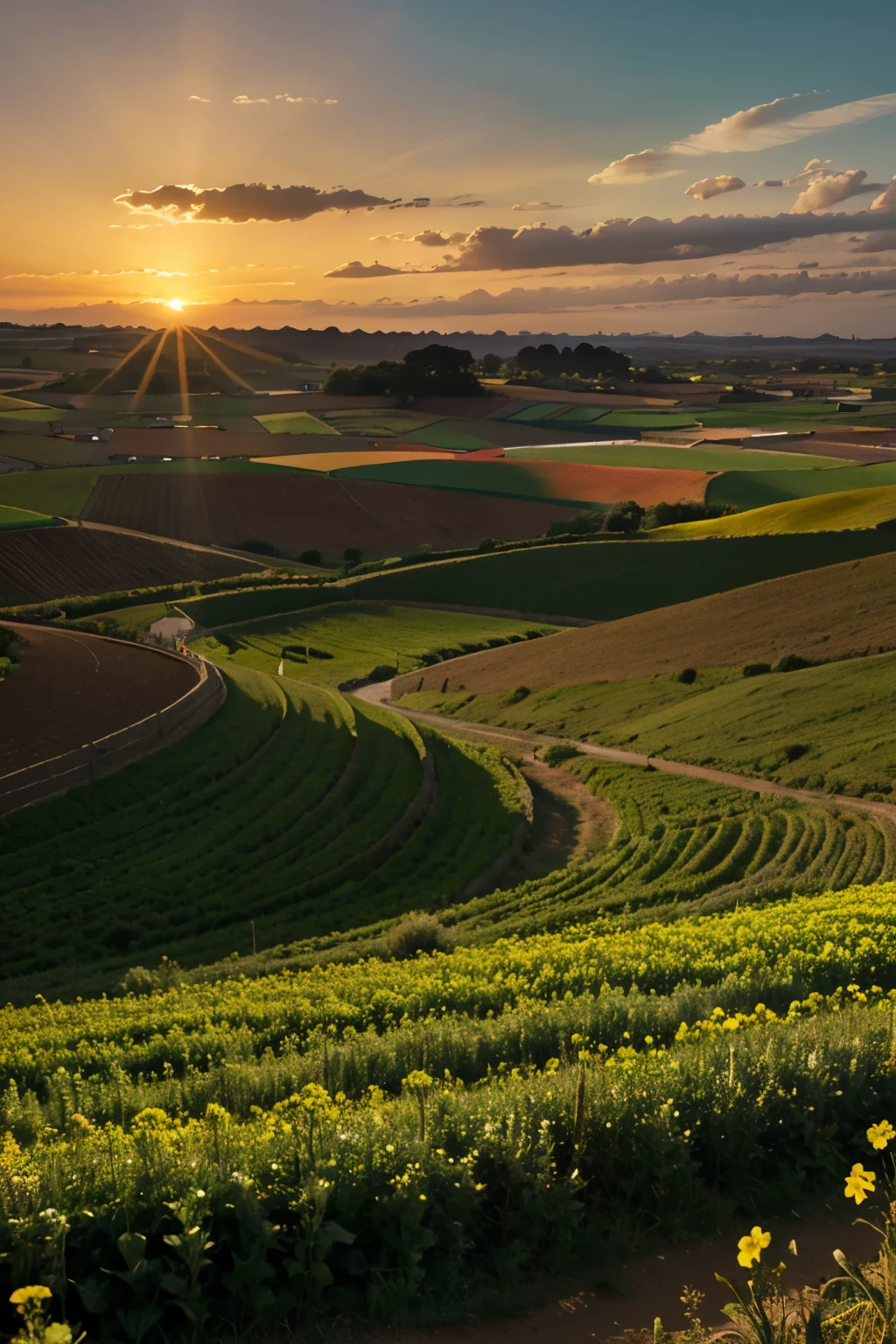 campos de flores, camino de tierra, atardecer.  