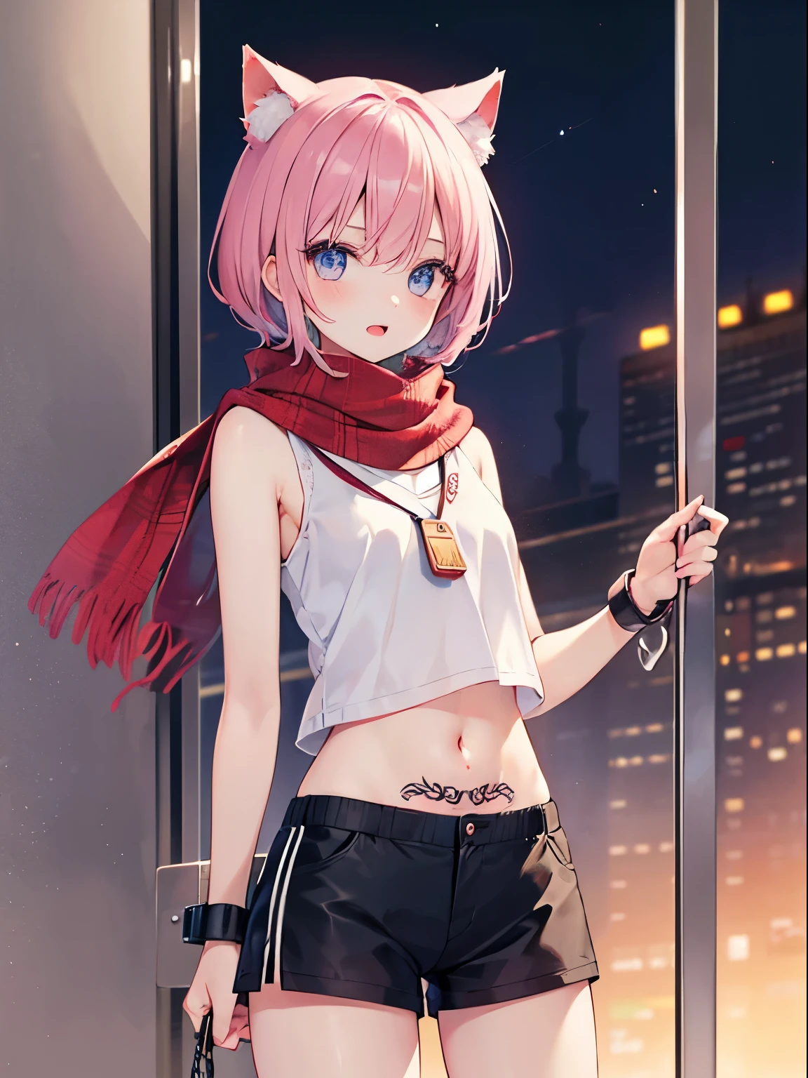 Very beautiful and shining eyes、shining eyes、1 girl、small breasts、big mouth、high school girl、stomach tattoo、small breasts、Cat ear、pink hair、handcuffs、Lock、scarf、shaggy hair、hot pants、clear appearance、Near future、neon、nice