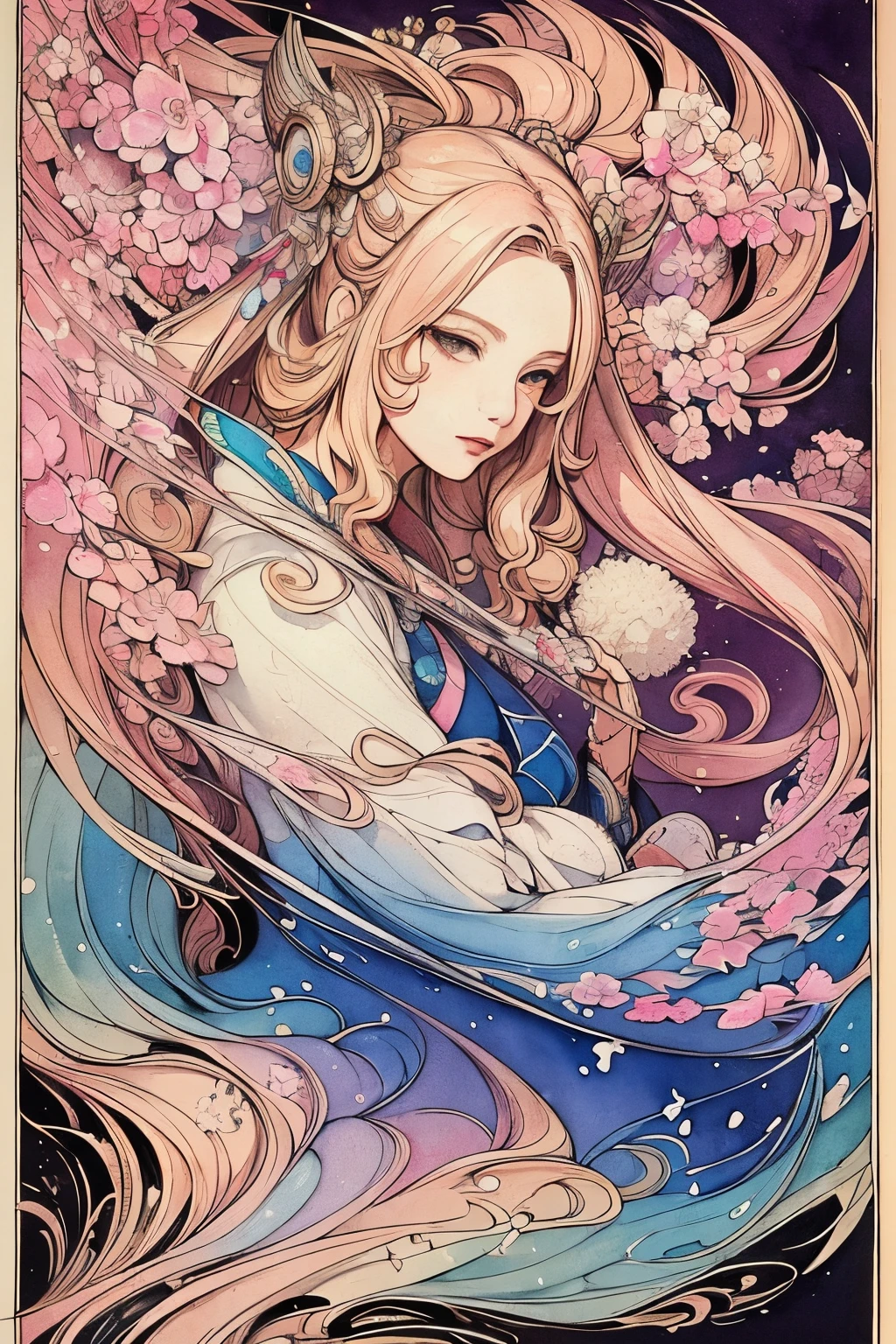 masterpiece: 1.7, top-quality, very extremely beautiful, Delicate use of colors、A detailed face、 art by, (watercolor paiting(Curly)、Official art、realisitic、Beautifully Aesthetic:1.3)、(1girl in:1.3)、(Fractal Art:1.3)、(Kimono)、The upper part of the body、From Side、looking at the viewers、patterns、Flowers and Birds Fugetsu、Yuki、Thousand Cranes、cloud、lantern、starrysky、stele、(masutepiece, Best Quality), Highly detailed, Sexy Female Ronin, Samurai, Cherry border, Japan tattoos, katanas, Japan, Night, Moonlight, Vector style art, Erotic, Movie Poster Style, lettering.
