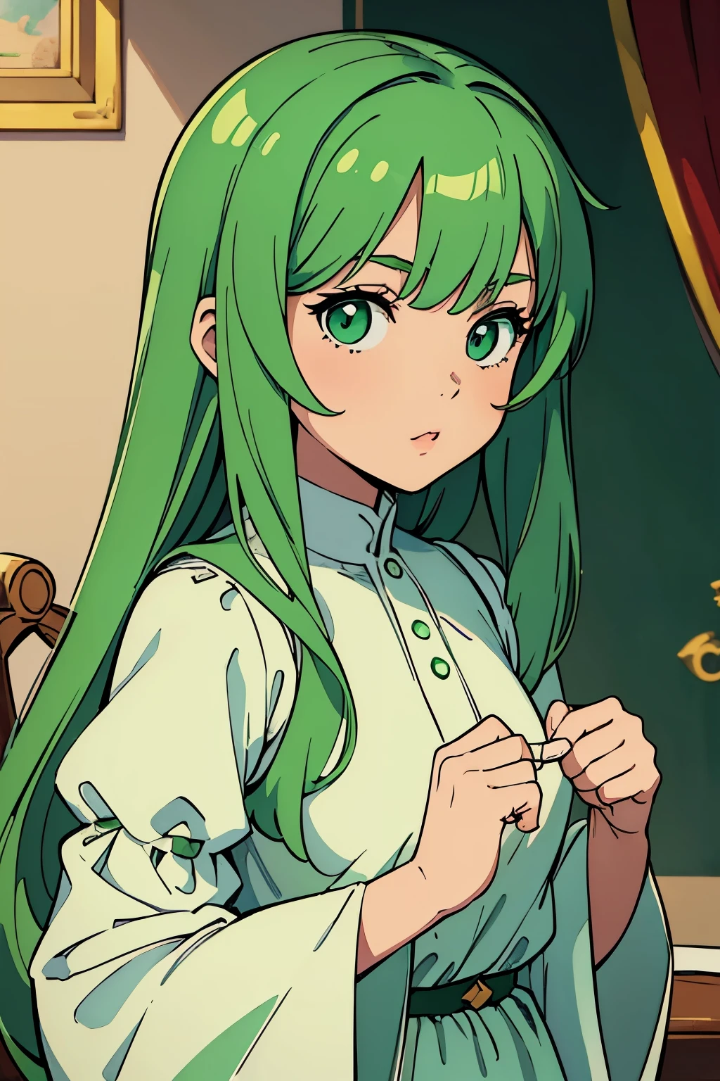 (Best quality:1.1), (Masterpiece:1.4), (Illustration fantastique:1.2), 1fille, cute girl, green hair, green and white clothes, Saudi girl, Saudi Arabia 🇸🇦 