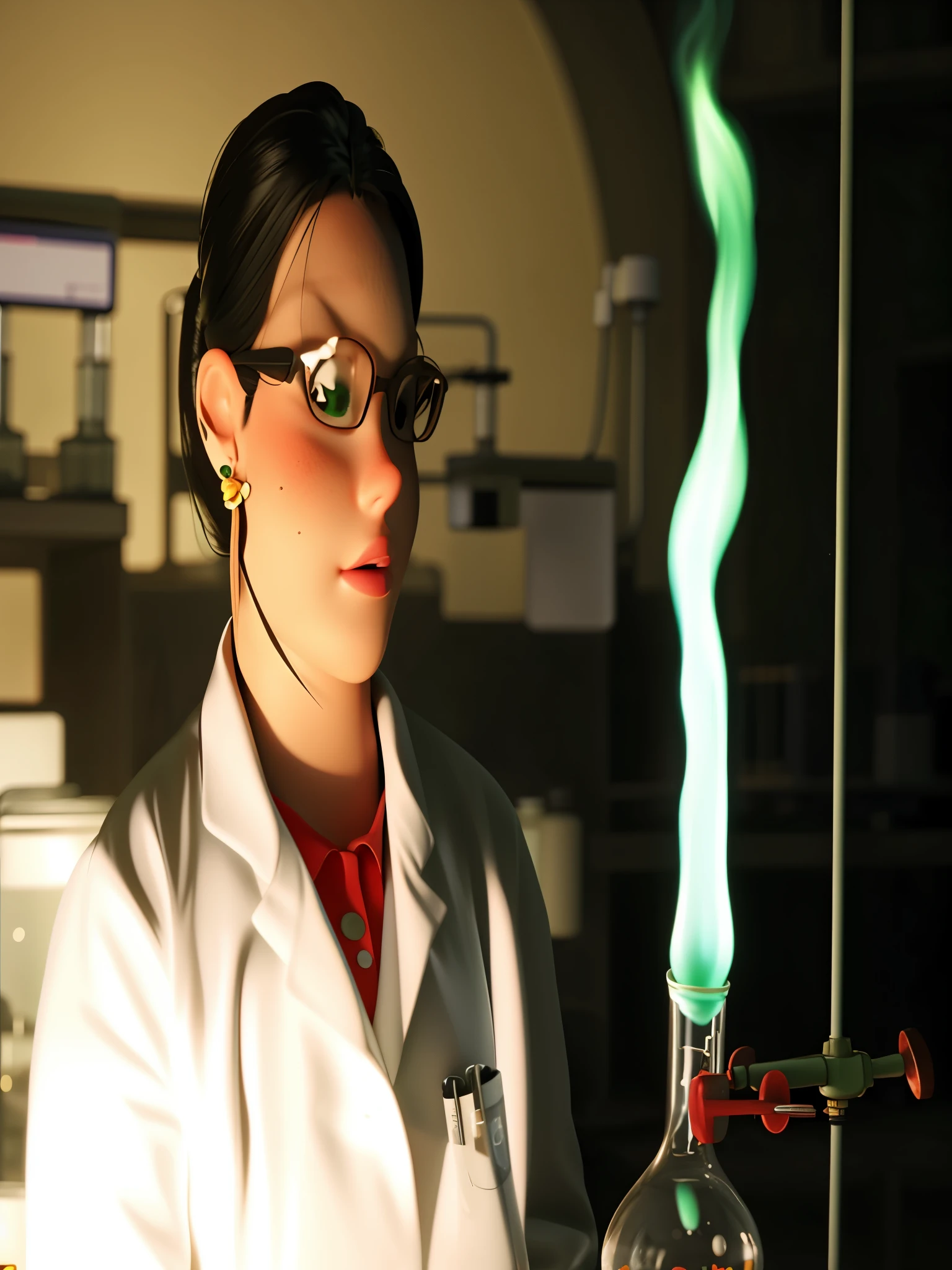 Arafed woman in a lab coat holding a glass jar with a green liquid, segurando fogo verde, chemical, chemical, Shiny particles, molecular, foto - tiro, experimenting in your science lab, Foto do perfil, Smoky laboratory, foto ambiental, in lab, poster photo, scientist, foto da capa, imagem de avatar, working in your science lab