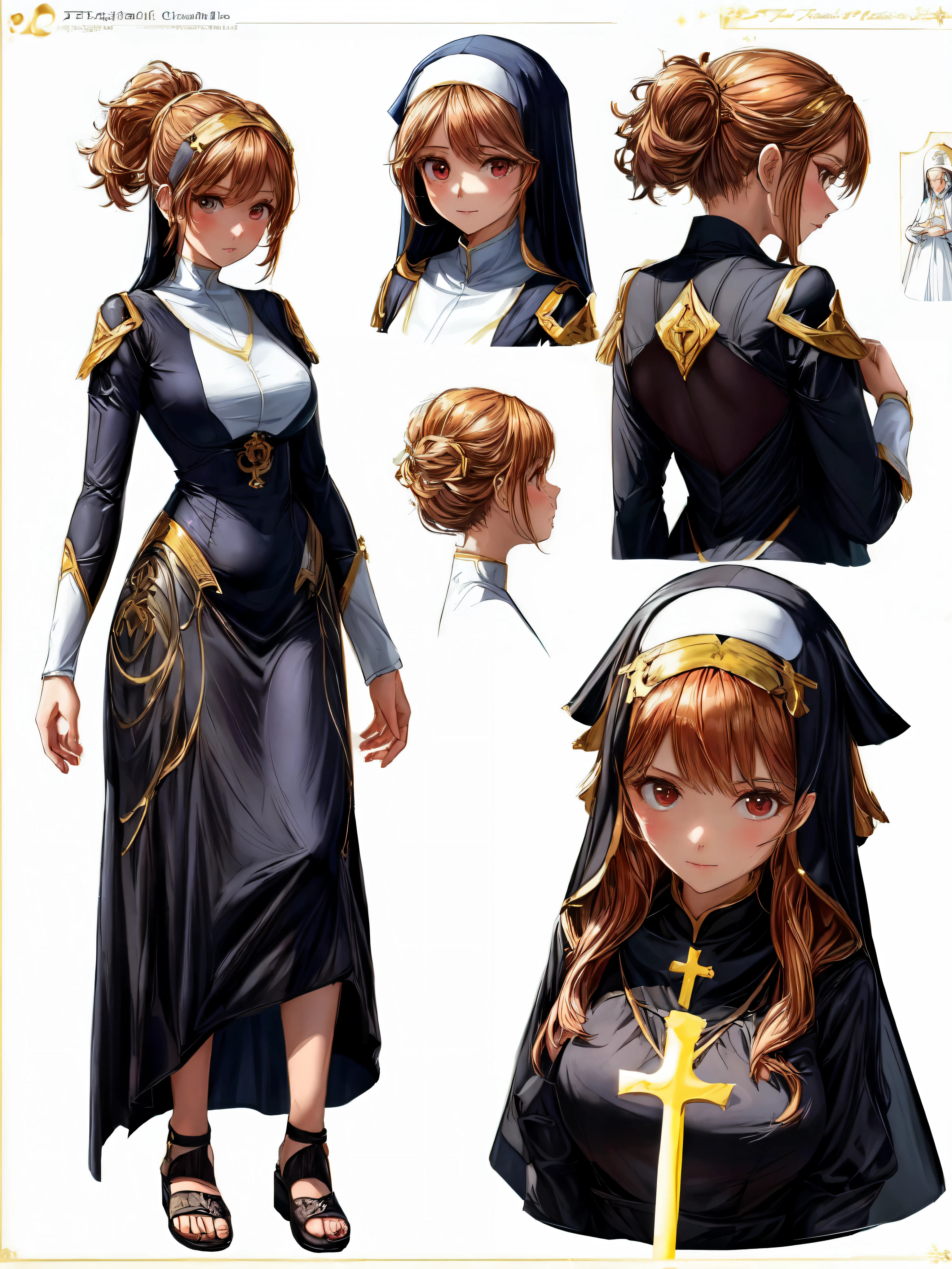 church girl, nun girl, elegant dress, serene expression, peaceful setting, soft lighting, stained glass windows, holy atmosphere, religious symbolism, pious devotion, spiritual moment, religious rituals, prayerful posture, etzhereal beauty, ((masterpiece)),(((best quality))),(character design sheet, same character, front, side, back),(CharacterSheet:1), (three view drawing), (multiple views, full body, upper body, reference sheet:1.2), (simple background, white background), (simple background, white background),,"(best quality, highres, masterpiece:1.2),