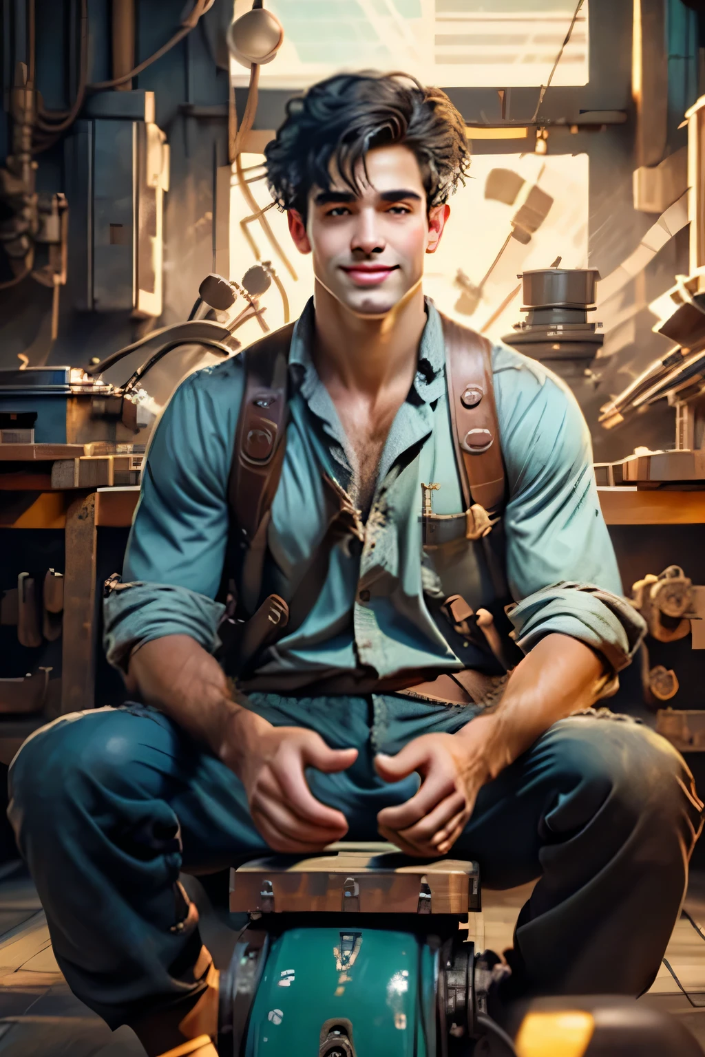 1 man working in a factory high fidelity rendering illustration, romantic art style, ((cuerpo completo)) ver frente, Un hombre joven, sin camisa, Pelo negro corto ondulado, cejas rectas, Triangular Face, blue eyes, nariz recta, ojos hundidos, labios rectos, square jaw, gorgeous face, happy face expression,sonriente, Realistic feet anatomy., perfect anatomy, He is operating a complex maquinaria in a steanpunk factory, usando casco de seguridad, in an intricate and detailed factory,maquinaria, Trabajadores, Talleres de trabajo, piso de ceramica verde, Detailed Body Fitness Muscles, piernas grandes y musculosas, sonrisa masculina, cara perfecta, mirada intensa, perfect anatomy, Dedos perfectos. mirada confiada, pies perfectos y detallados, gorgeous, Ojos verdes, elegante, perfect anatomy, Descalzo, usando sandalias tipo chanclas, detalles intrincados, natural lighting,
