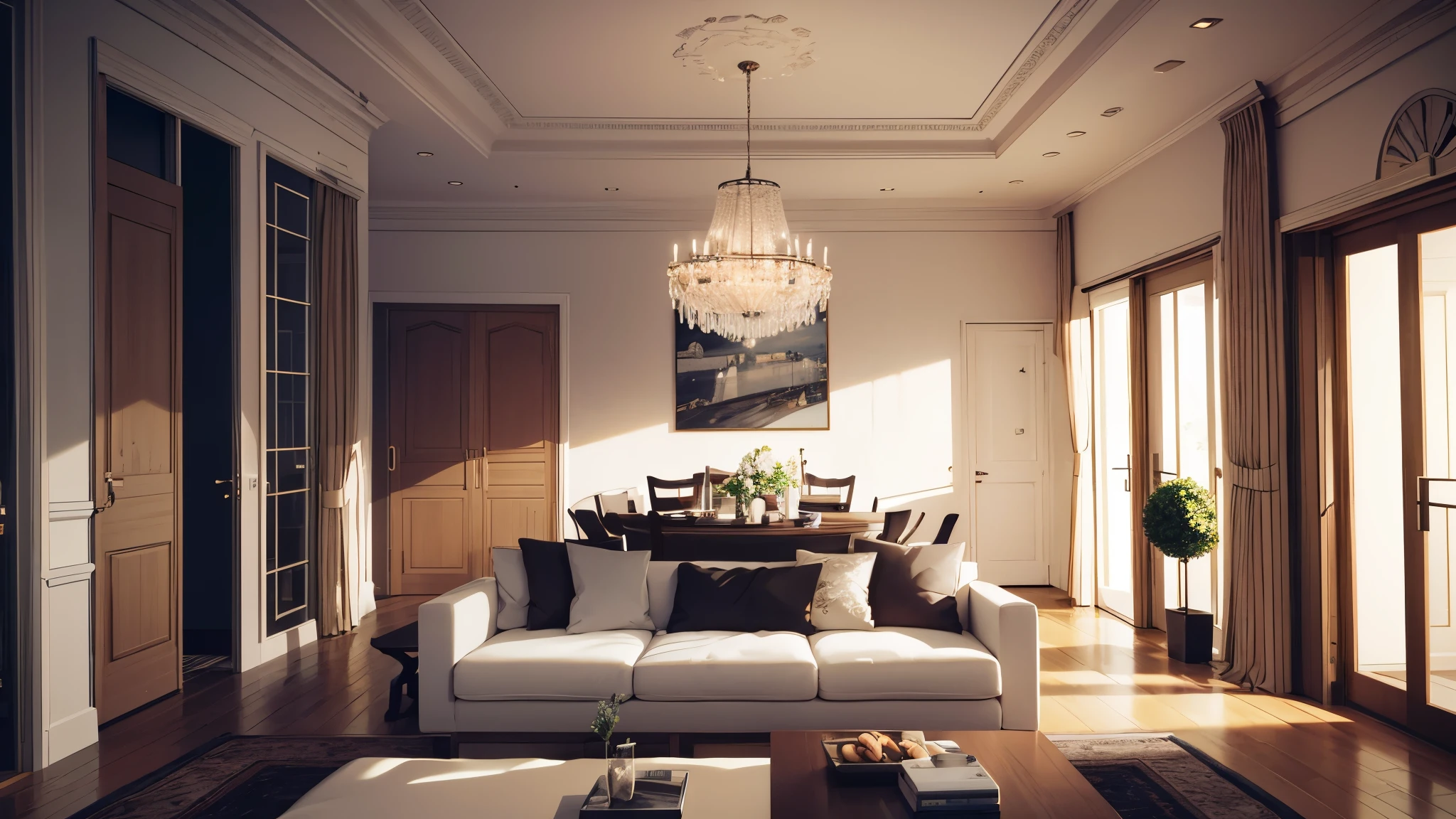 you are a famous interior designer、I was asked to create a 3D image of a large modern room.。. Create a harmonious environment with modern and minimalist furniture. Including garden interior.
