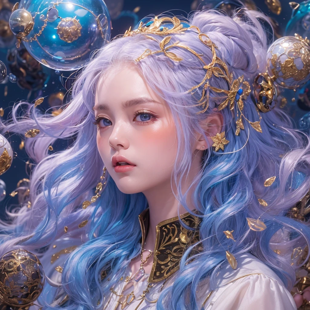 黄 blue colors,enamel,agate,A flesh-colored world,Blood Blue Maiden 32k(masterpiece,HD,Aoyama Pond,Ultra high quality,32k)long flowing bright blue hair,blood pool,Ziddink, a color,Grumpy (After greeting), (Linen scarf), fighting stance, looking at the ground, long white hair, Floating bright blue, Fire cloud gold headdress, Chinese long-sleeved gold silk burgundy garment, (Abstract metaverse splash:1.2), White background,Peony flower vitality protector(realistically:1.4),bright purple hair,Smoke on the road,The background is very pure, high resolution, detail, RAW photos, Sharp Re, Nikon D850 film photo by Jefferies Lee 4 Kodak Portra 400 camera F1.6 guns, colorful, Ultra-realistic and vivid textures, dramatic lighting, Unreal Engine Art Station Trend, Sinest 800,一个有着long flowing bright blue hair的女孩,huge colorful bubbles