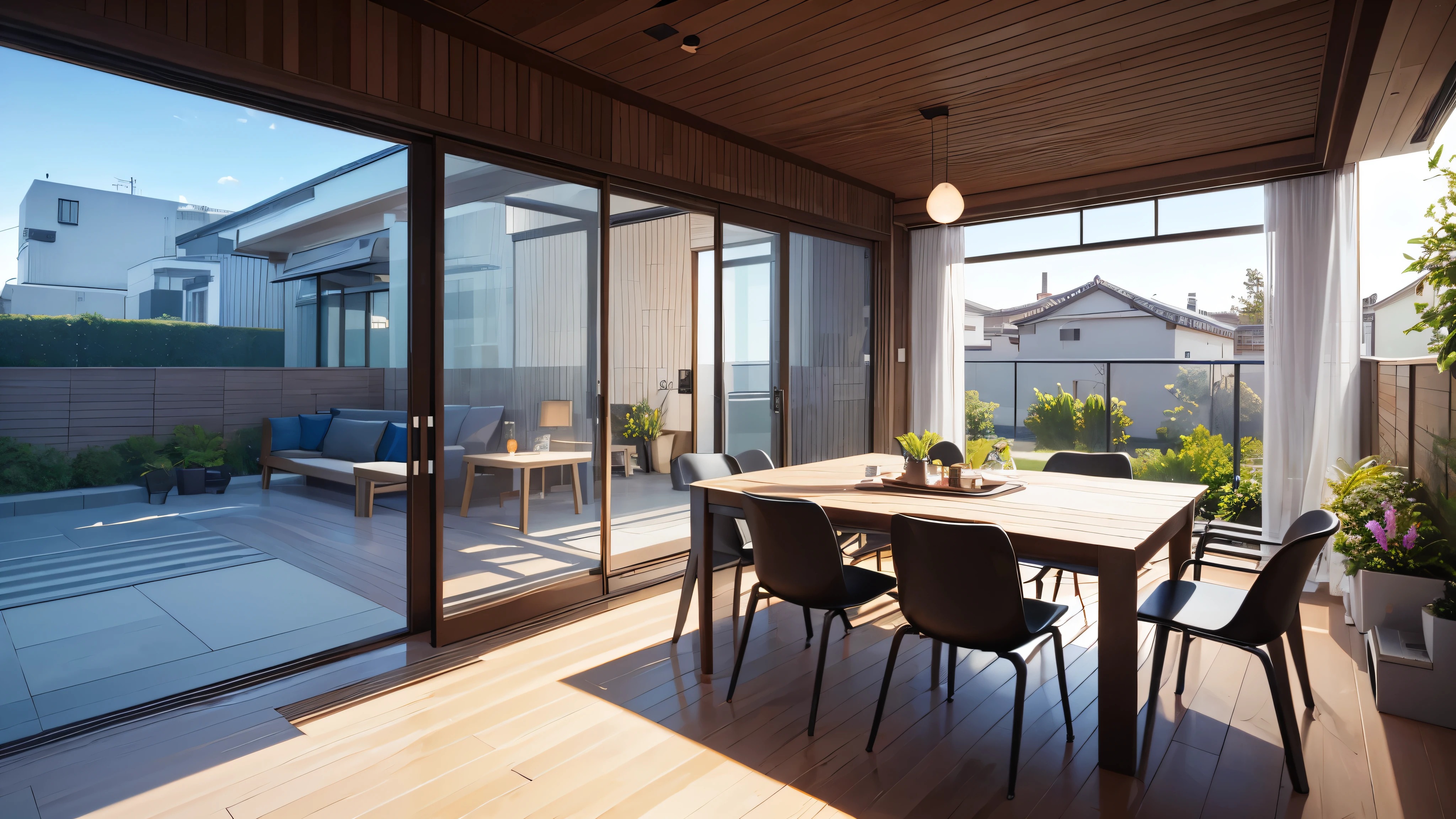 you are a famous interior designer、I was asked to create a 3D image of a large modern room.。. Create a harmonious environment with modern and minimalist furniture. Including garden interior.