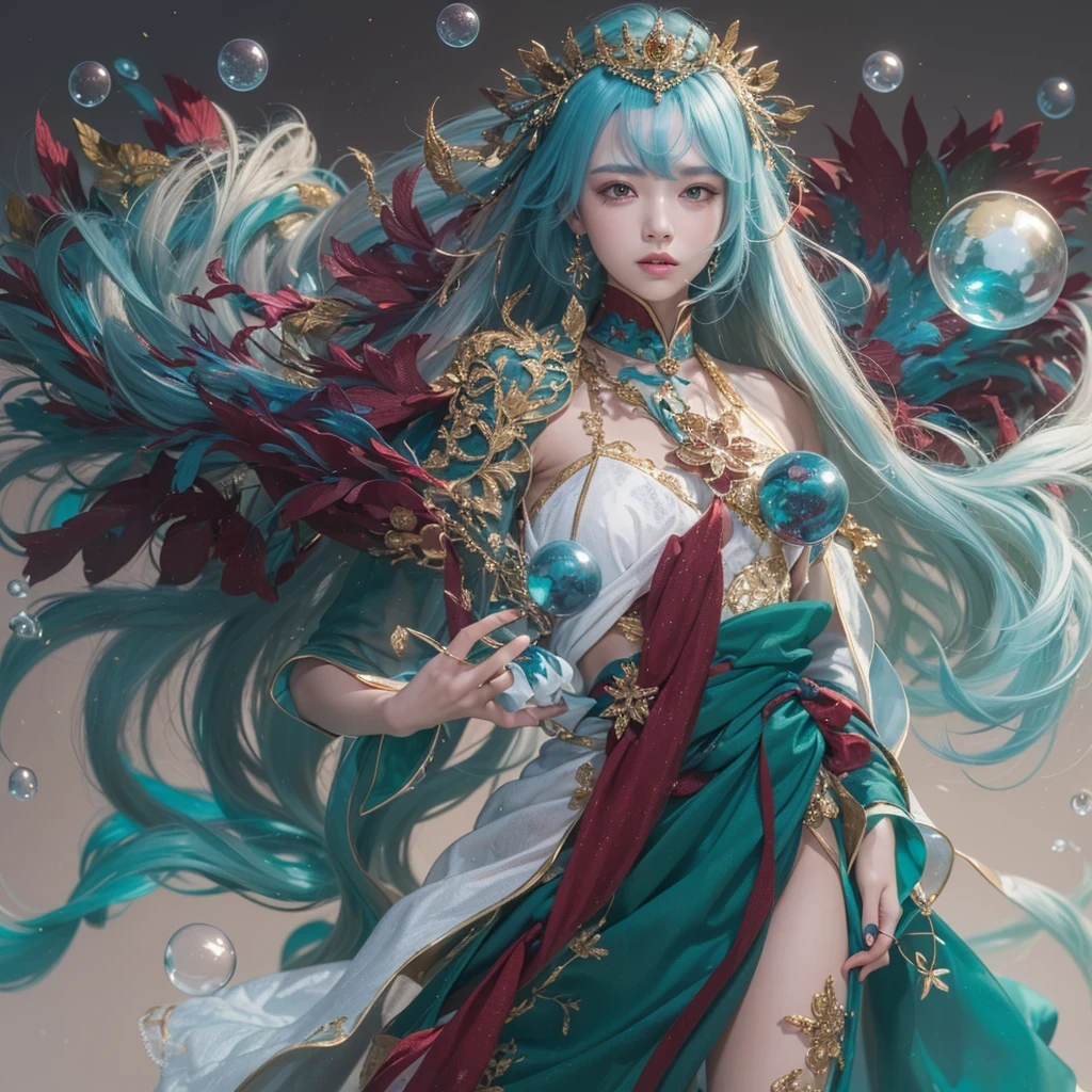 黄 blue colors,enamel,agate,A flesh-colored world,Blood Blue Maiden 32k(masterpiece,HD,Aoyama Pond,Ultra high quality,32k)long flowing bright blue hair,blood pool,Ziddink, a color,Grumpy (After greeting), (Linen scarf), fighting stance, looking at the ground, long white hair, Floating bright blue, Fire cloud gold headdress, Chinese long-sleeved gold silk burgundy garment, (Abstract metaverse splash:1.2), White background,Peony flower vitality protector(realistically:1.4),bright purple hair,Smoke on the road,The background is very pure, high resolution, detail, RAW photos, Sharp Re, Nikon D850 film photo by Jefferies Lee 4 Kodak Portra 400 camera F1.6 guns, colorful, Ultra-realistic and vivid textures, dramatic lighting, Unreal Engine Art Station Trend, Sinest 800,一个有着long flowing bright blue hair的女孩,huge colorful bubbles